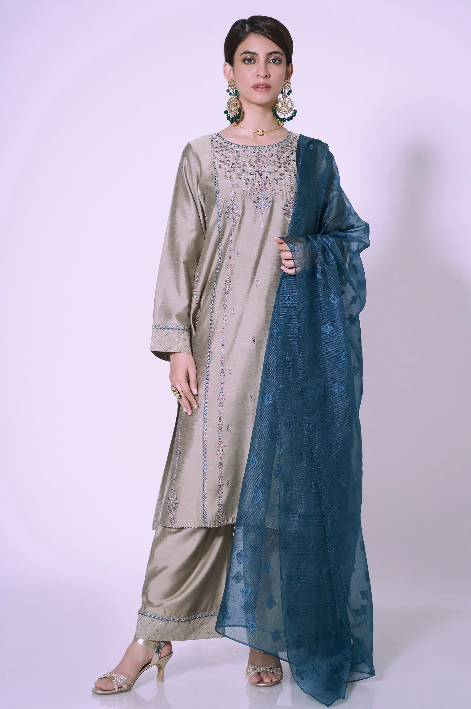 Stitched 3 Piece Cotton Silk Embroidered Outfit - Image 2