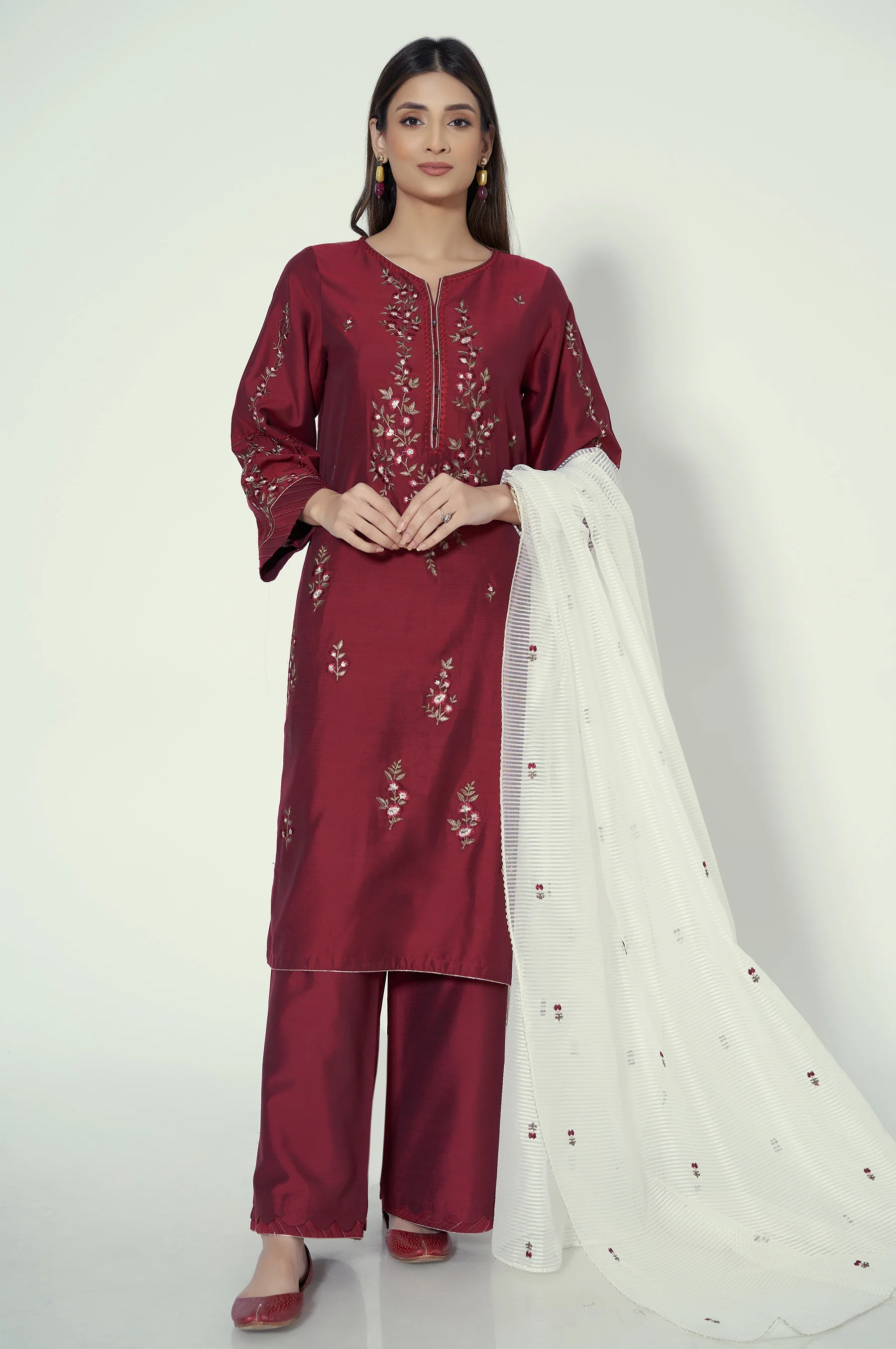 Stitched 3 Piece Cotton silk Embroidered Suit - Image 2