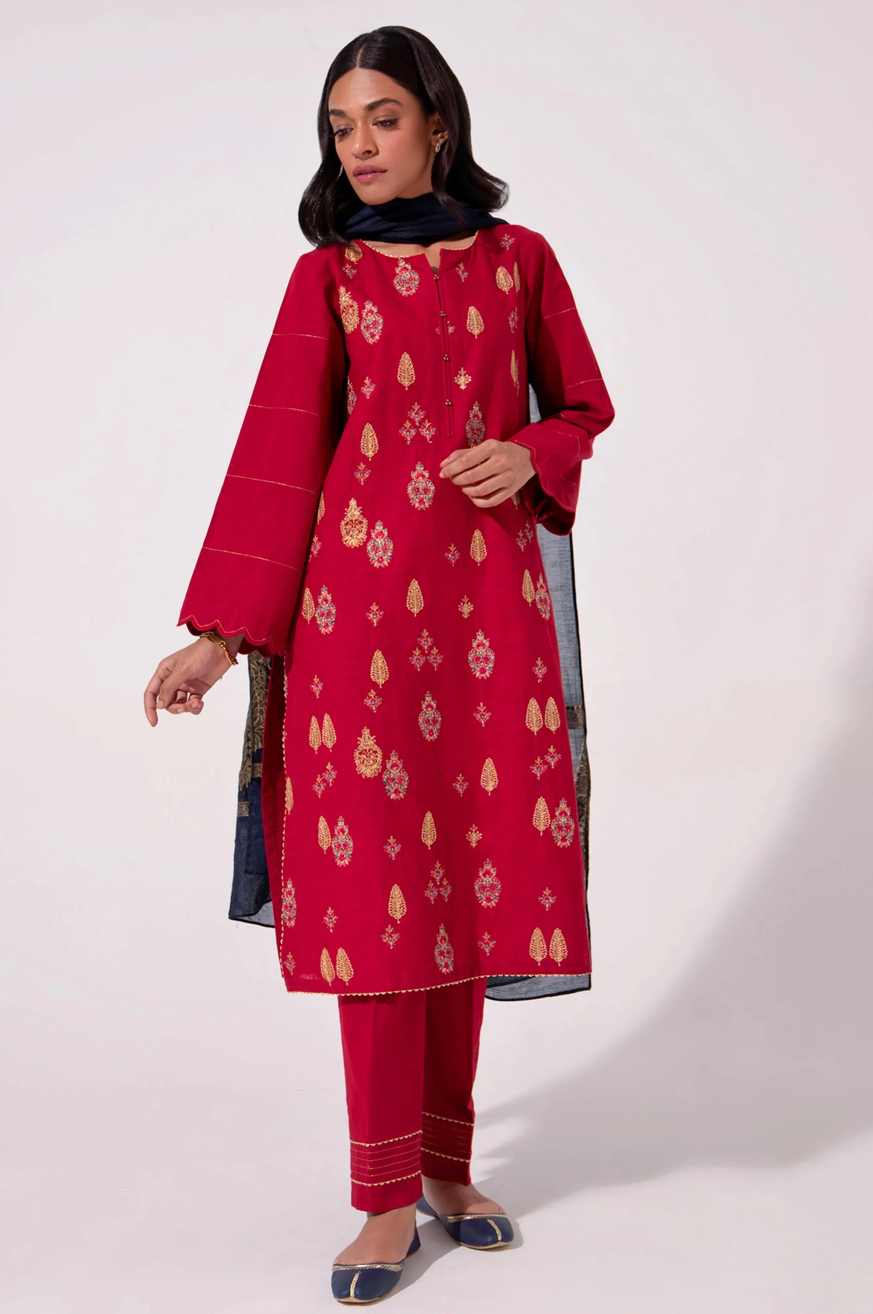 Stitched 3 Piece Cotton Slub Embroidered Outfit