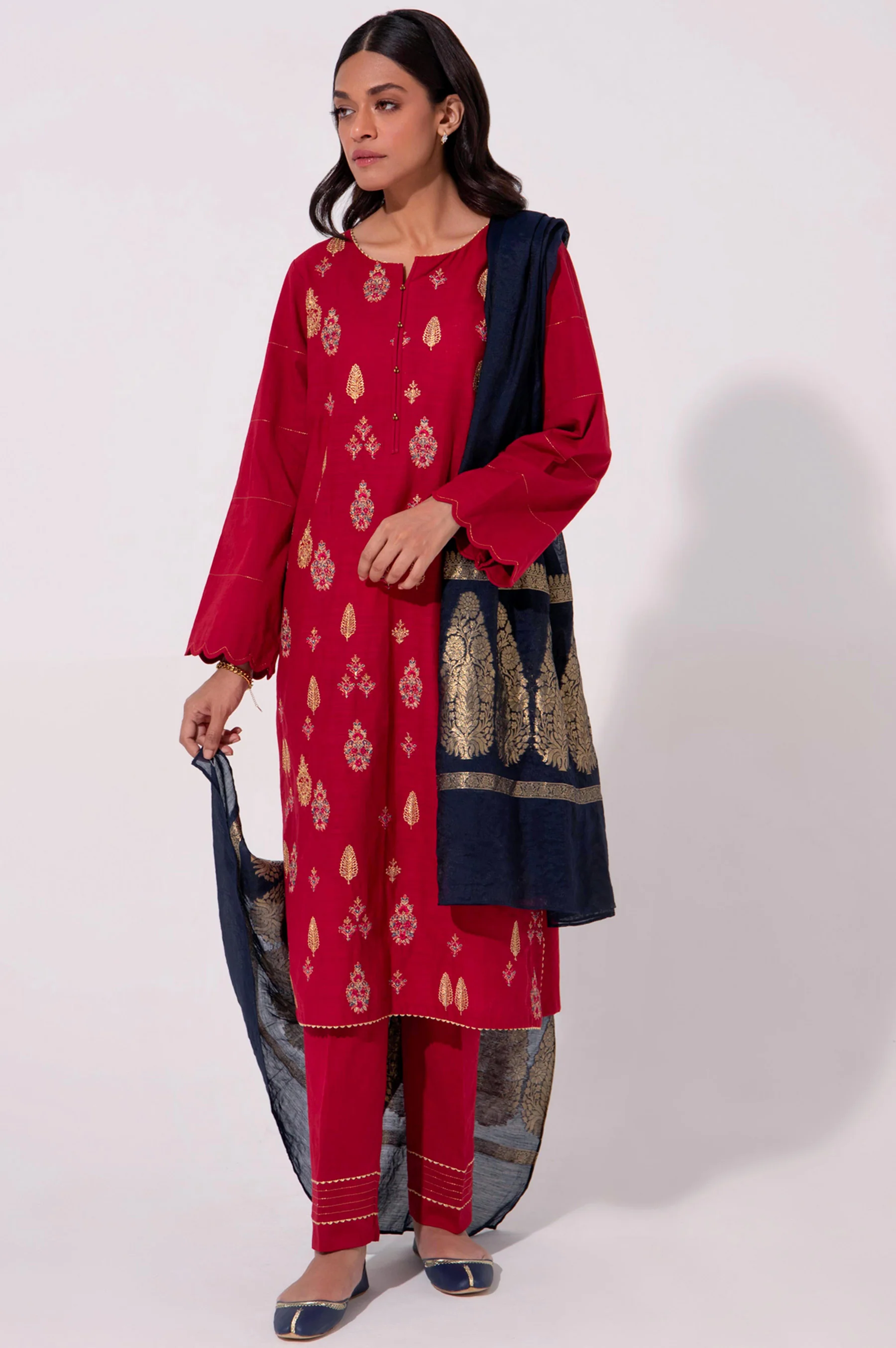 Stitched 3 Piece Cotton Slub Embroidered Outfit - Image 4