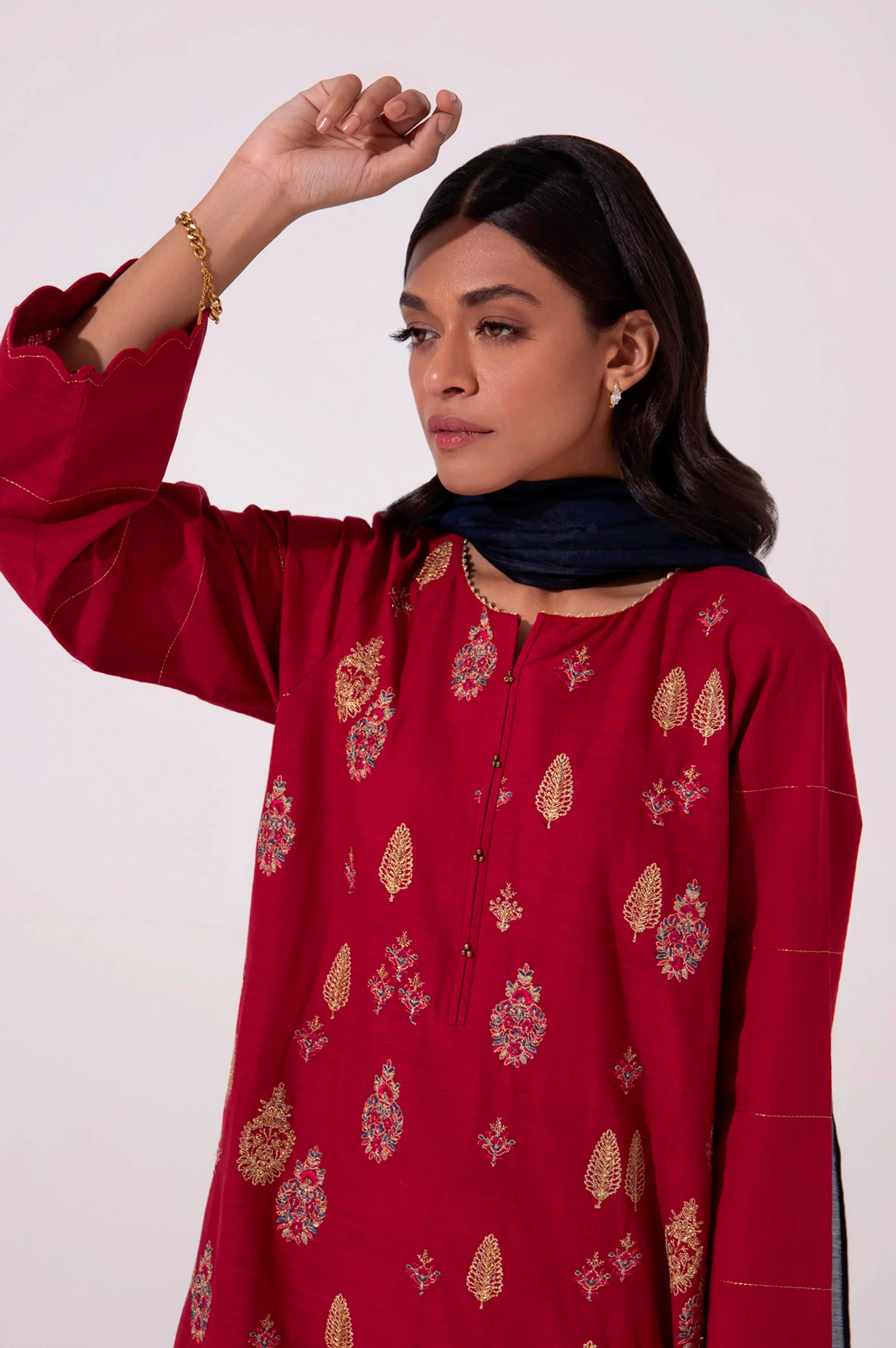 Stitched 3 Piece Cotton Slub Embroidered Outfit - Image 5