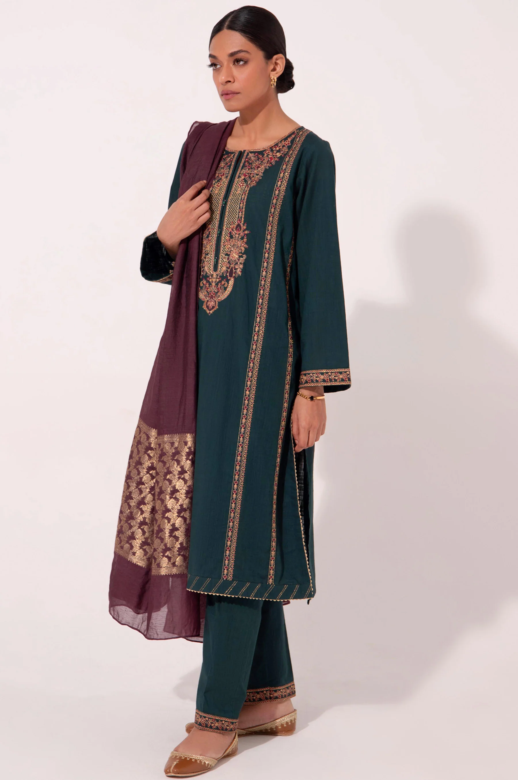 Stitched 3 Piece Cotton Slub Embroidered Outfit - Image 3