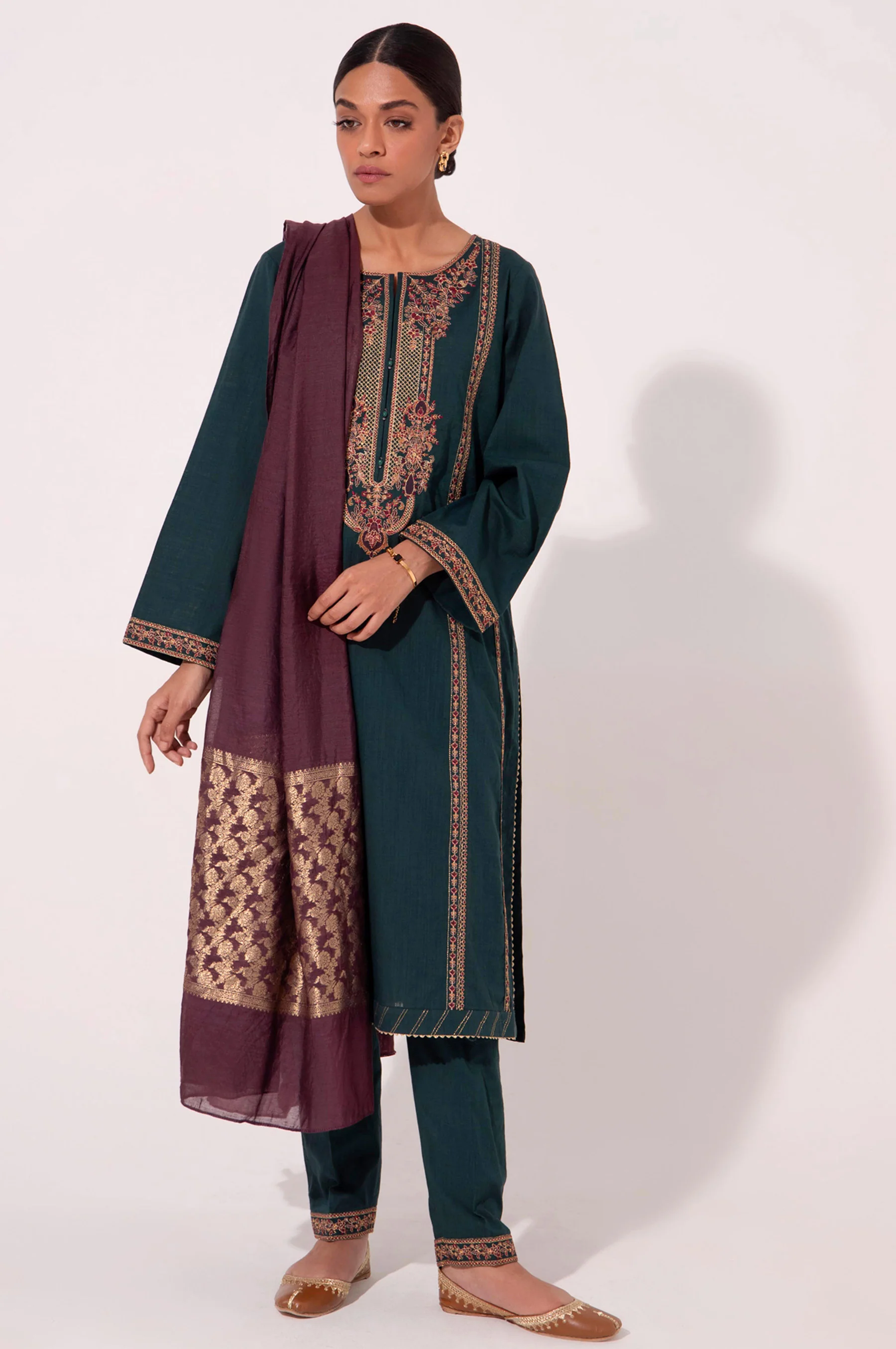 Stitched 3 Piece Cotton Slub Embroidered Outfit - Image 5