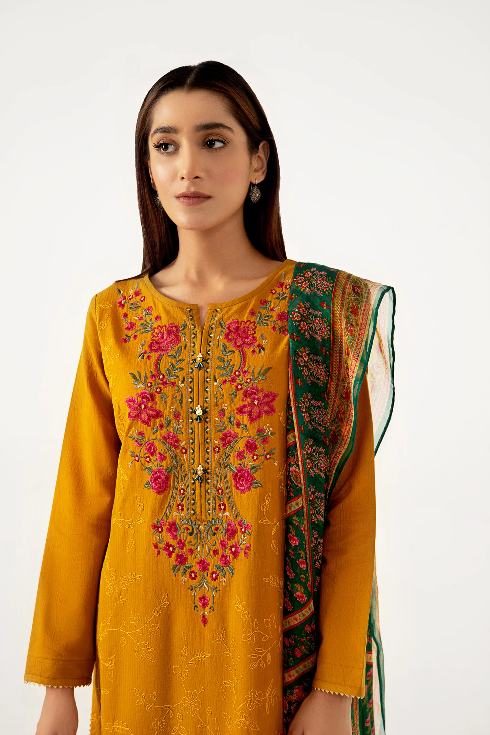 Stitched 3 Piece Dyed Doria Lawn with Chiffon Suit - Image 5