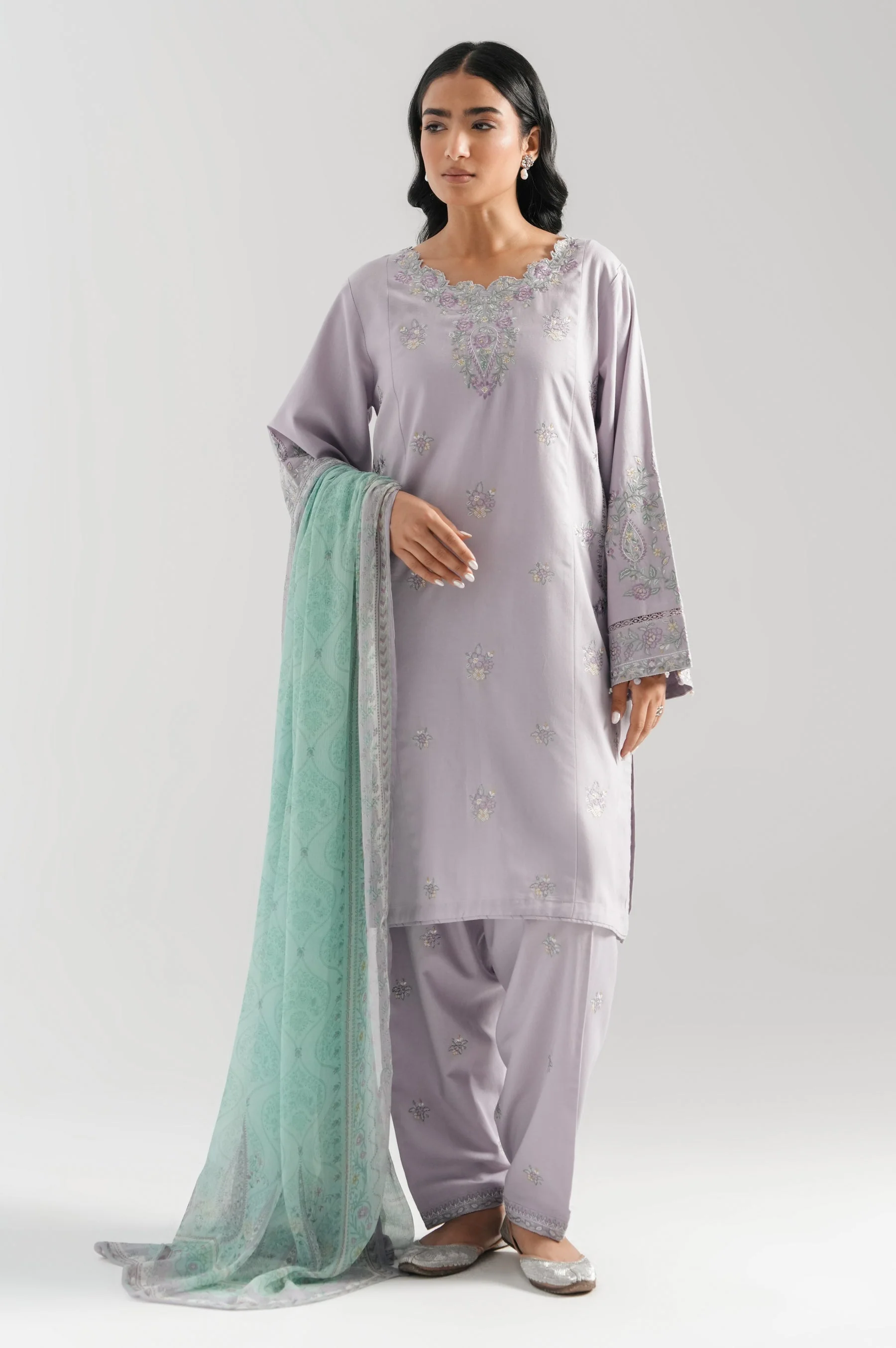 STITCHED EMBROIDERED COTTON LINEN SUIT (FACTORY E-OUTLET)