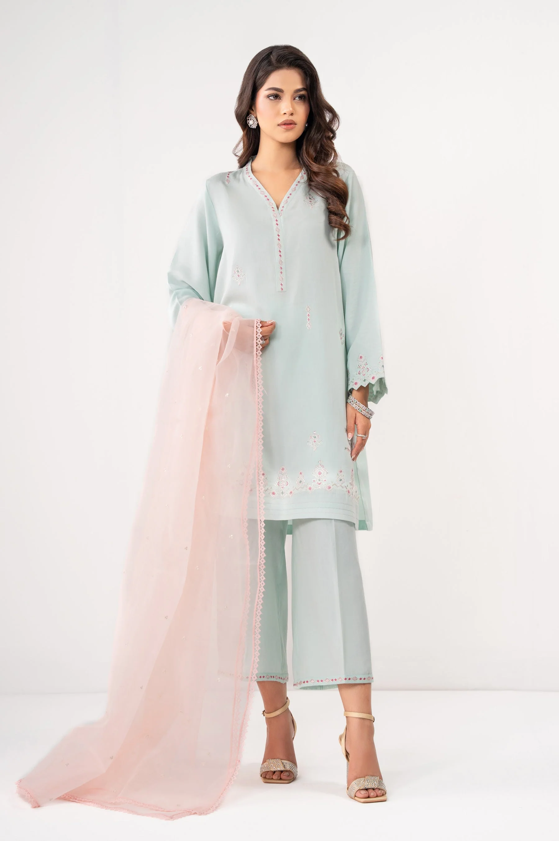 STITCHED EMBROIDERED COTTON SATIN SUIT (FACTORY E-OUTLET)