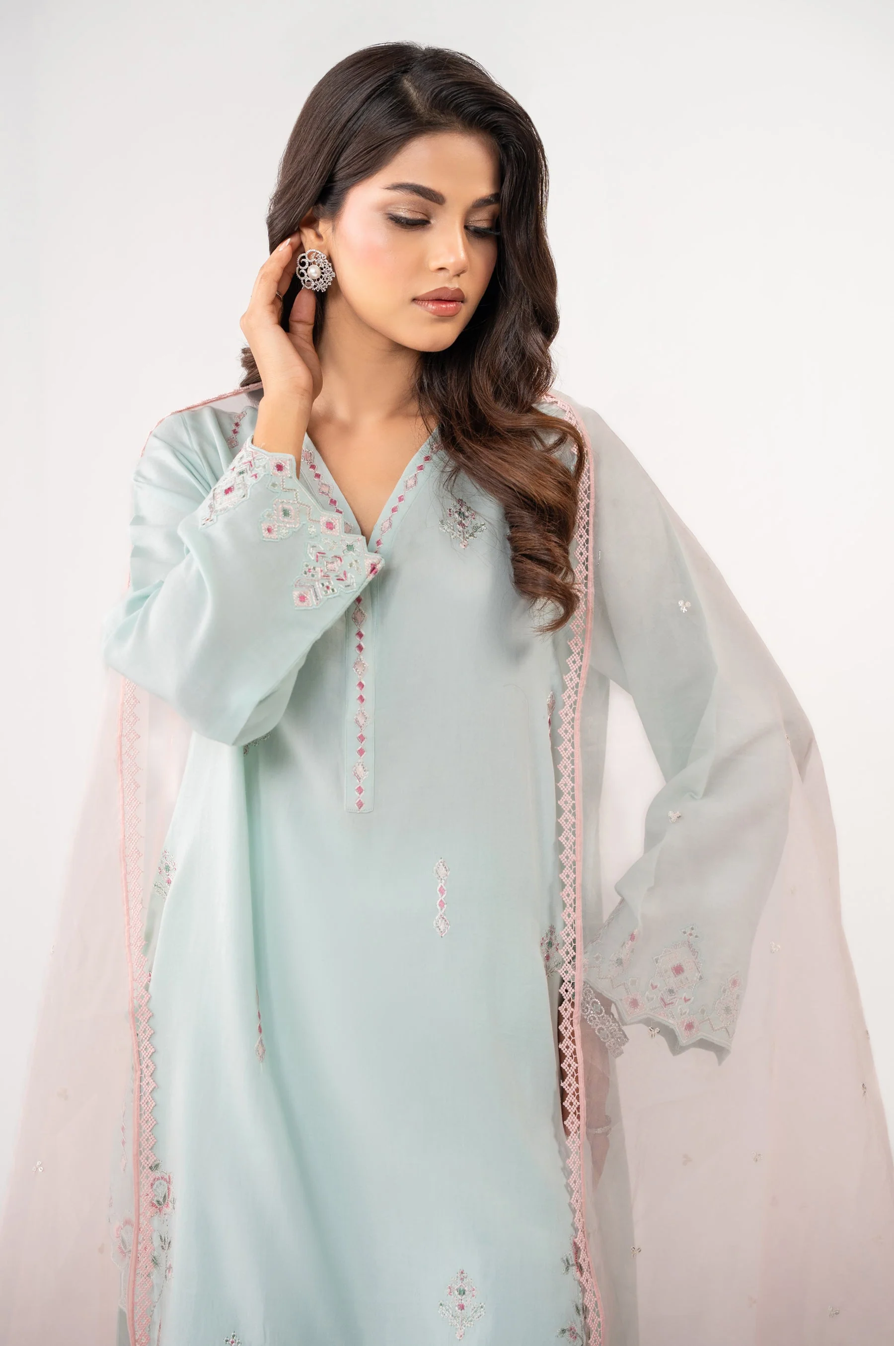 STITCHED EMBROIDERED COTTON SATIN SUIT (FACTORY E-OUTLET) - Image 2