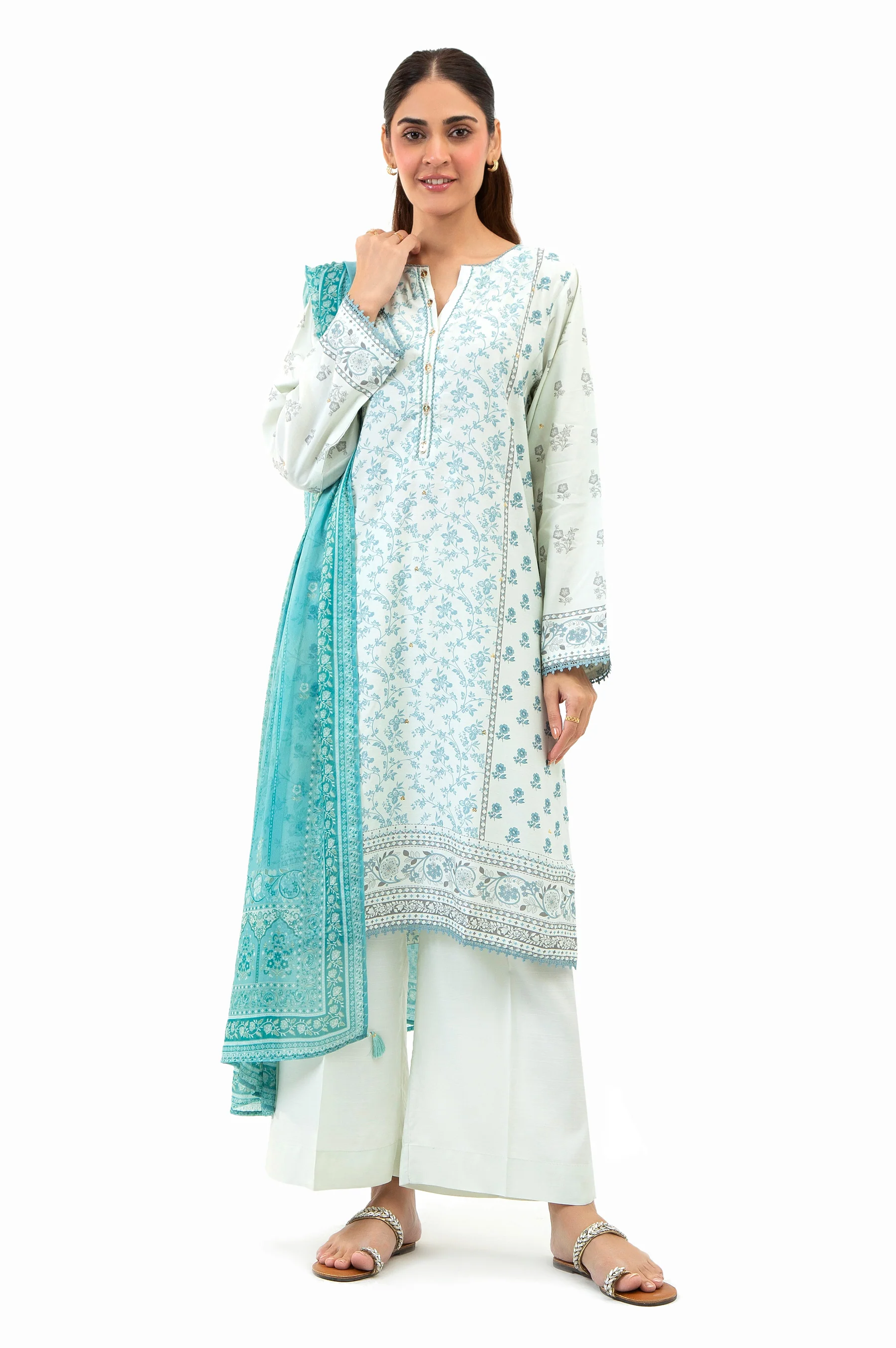 STITCHED PRINTED EMBROIDERED RAW SILK SUIT
