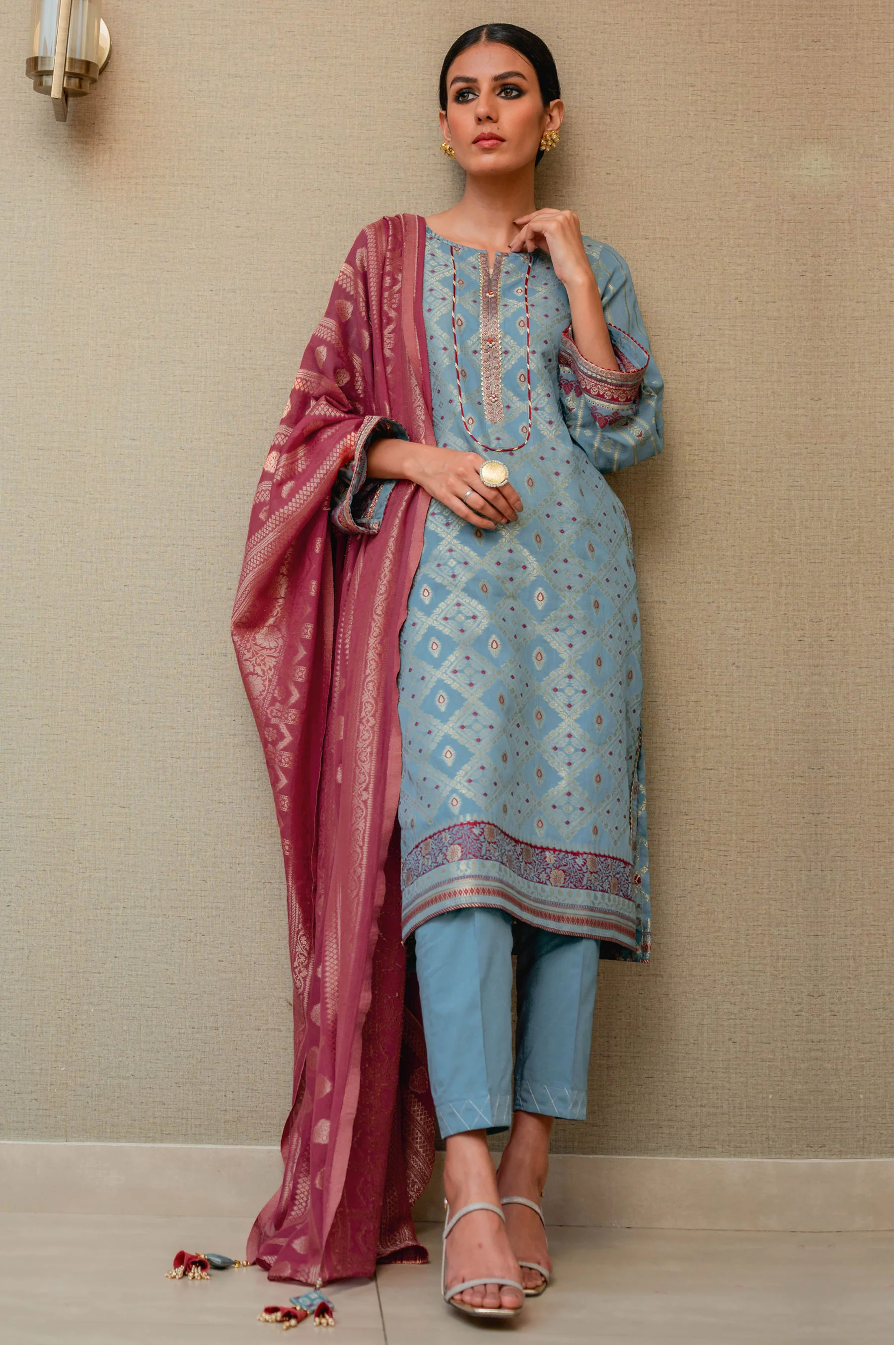Stitched 3 Piece Jacquard Suit - Image 2