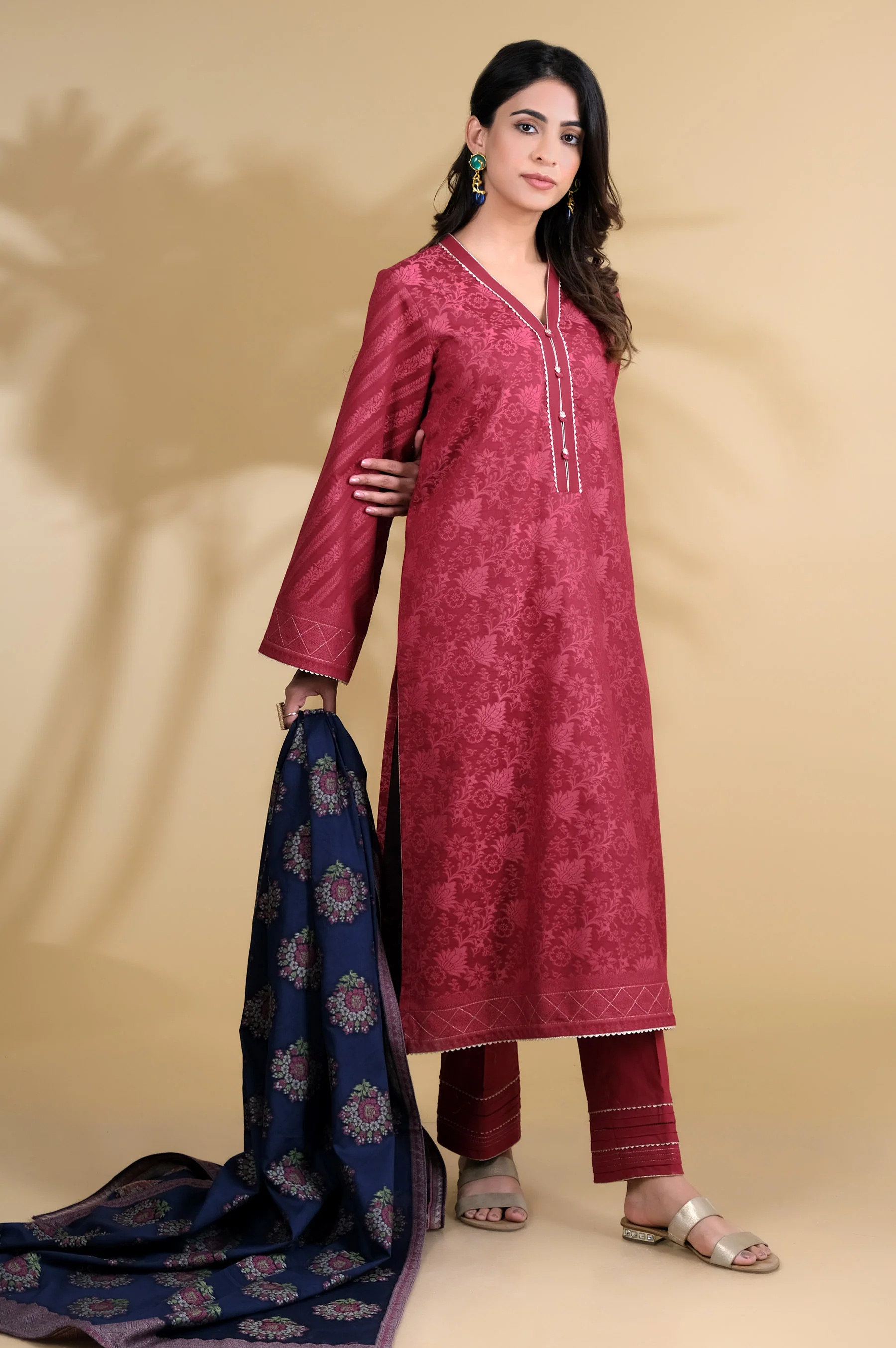 Stitched 3 Pieces Dyed Jacquard Suit - Image 2