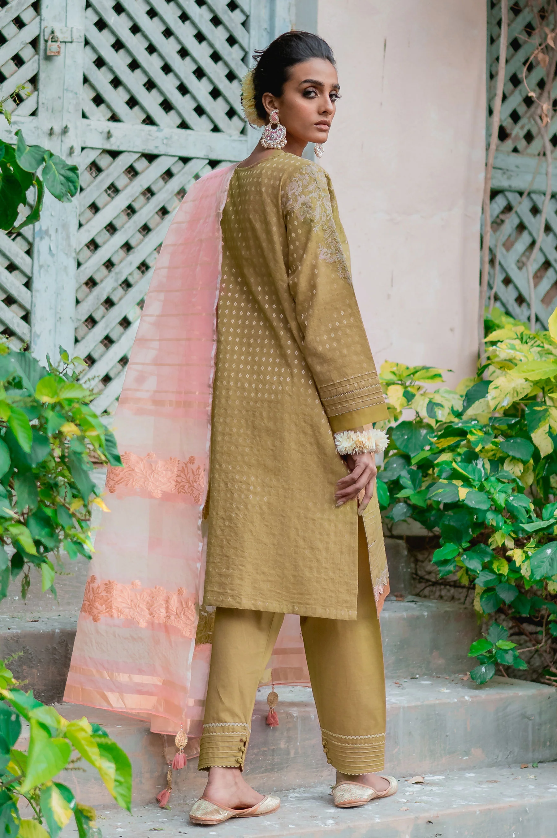 Stitched 3 Piece Maysuri Jacquard with Shaded Organza Suit - Image 2