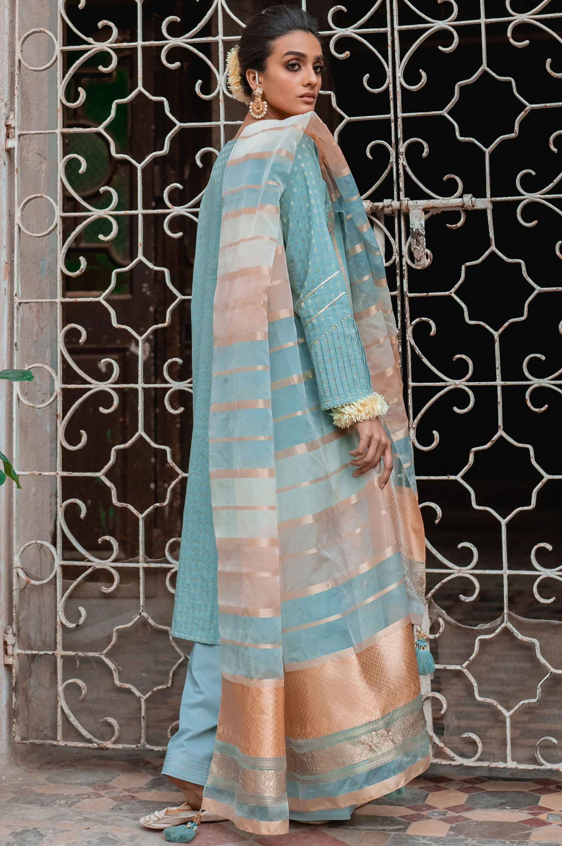 Stitched 3 Piece Maysuri Jacquard with Shaded Organza Suit - Image 2