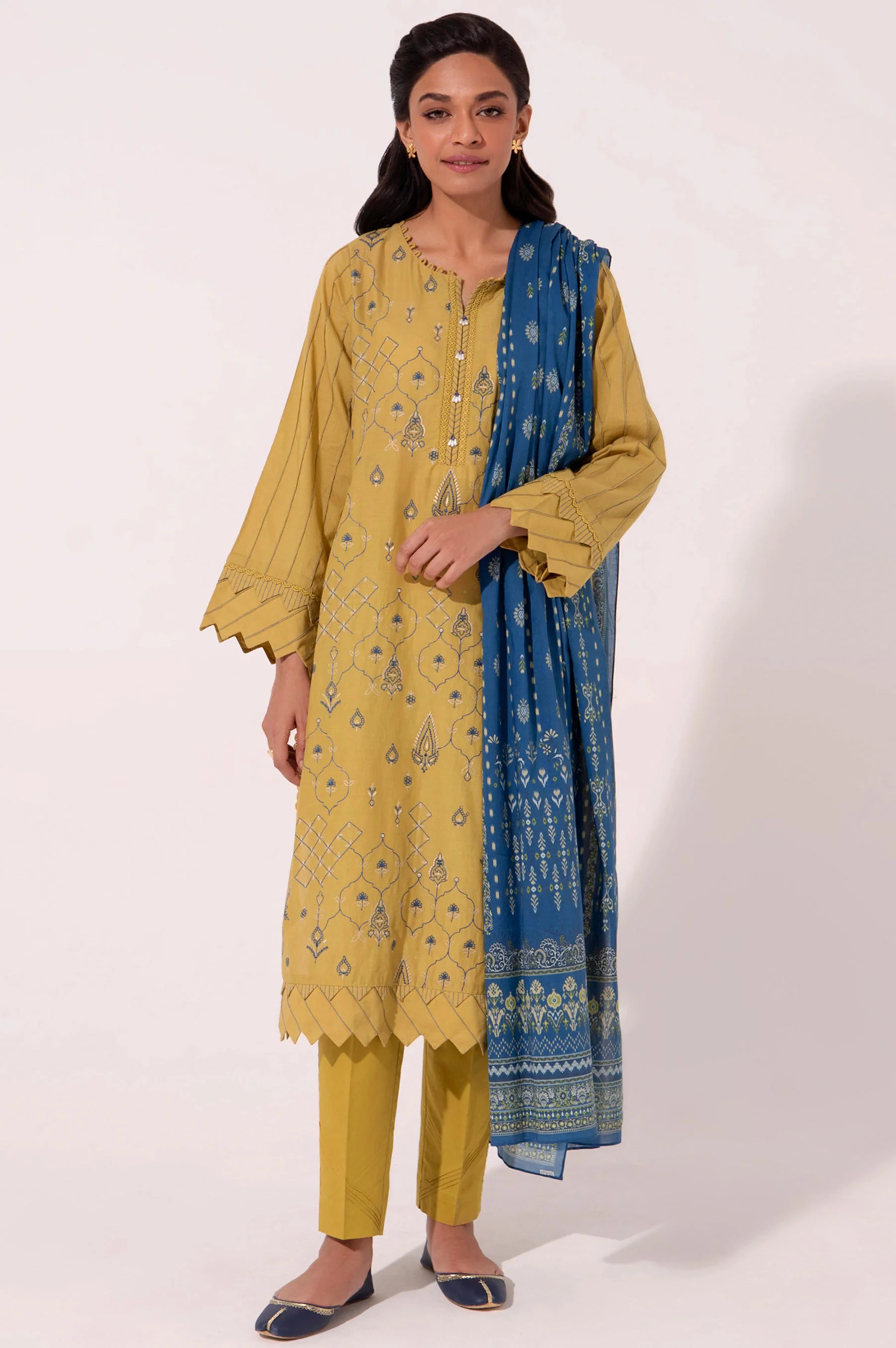 Stitched 3 Piece Embroidered Cambric with Printed Voile Slub Suit - Image 2