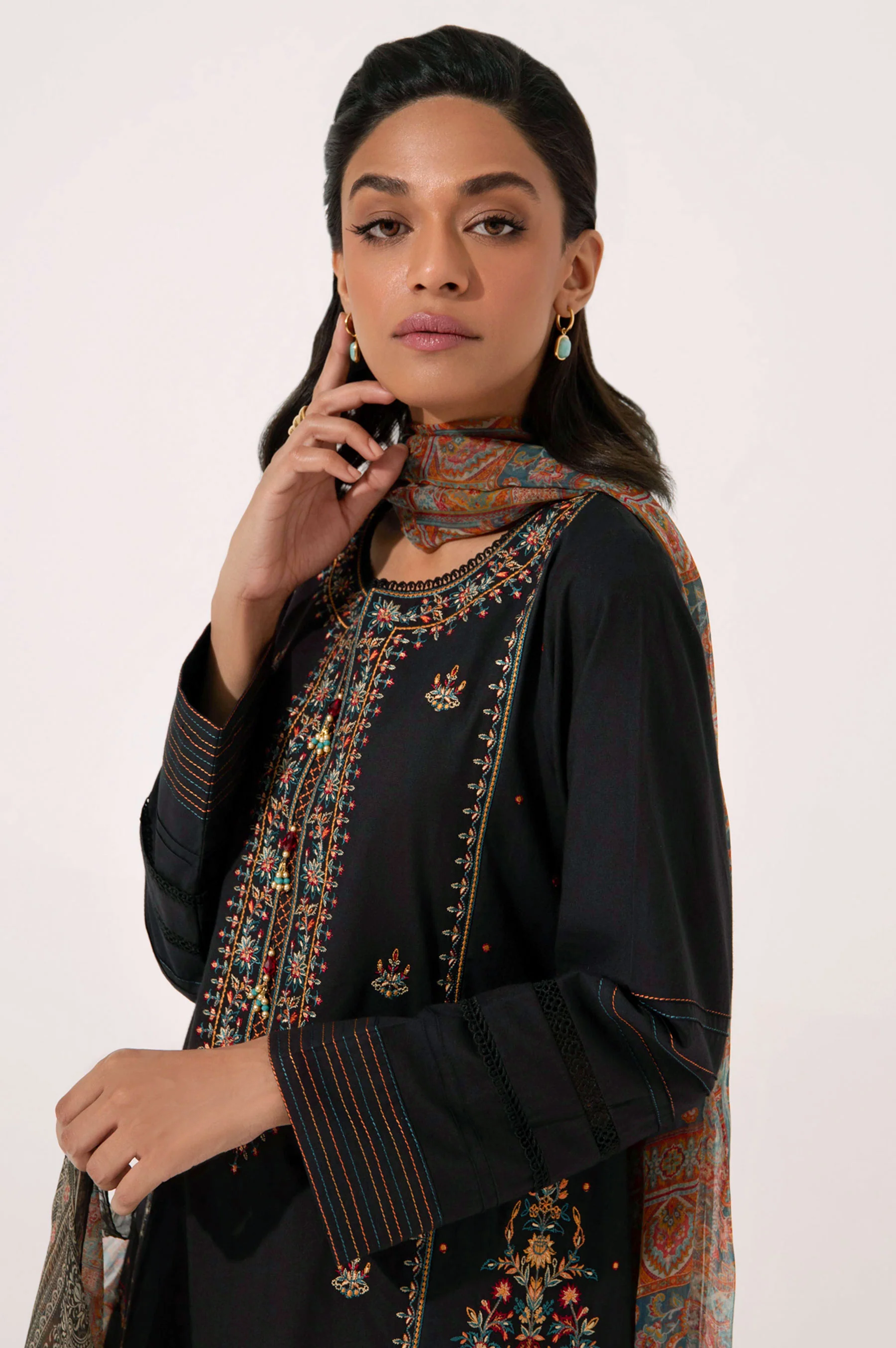 Stitched 3 Piece Embroidered Cambric Shirt with Printed Chiffon Dupatta - Image 3