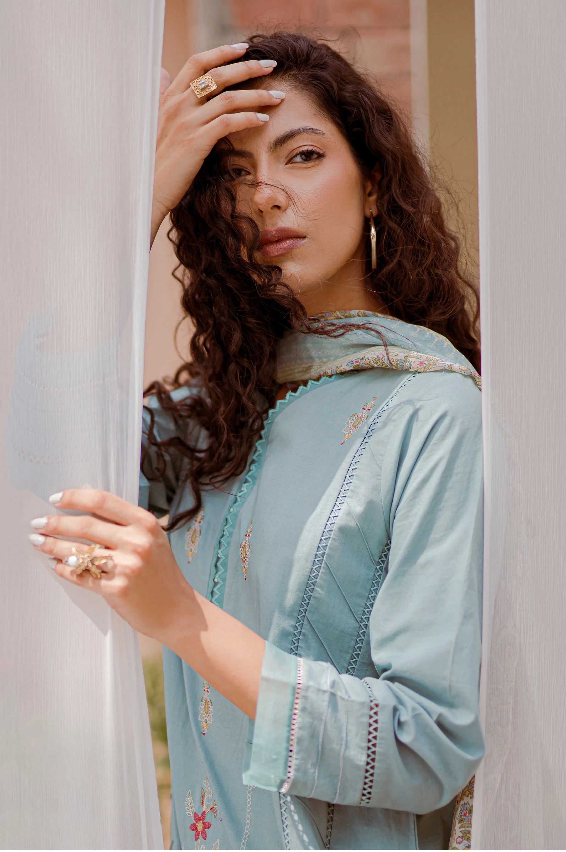 Stitched 3 Piece Embroidered shirt with Tissue Silk Dupatta - Image 2