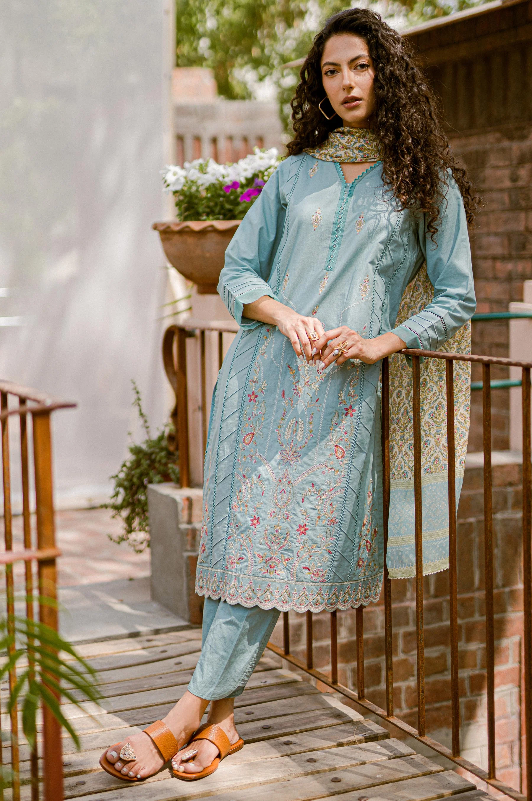 Stitched 3 Piece Embroidered shirt with Tissue Silk Dupatta - Image 4