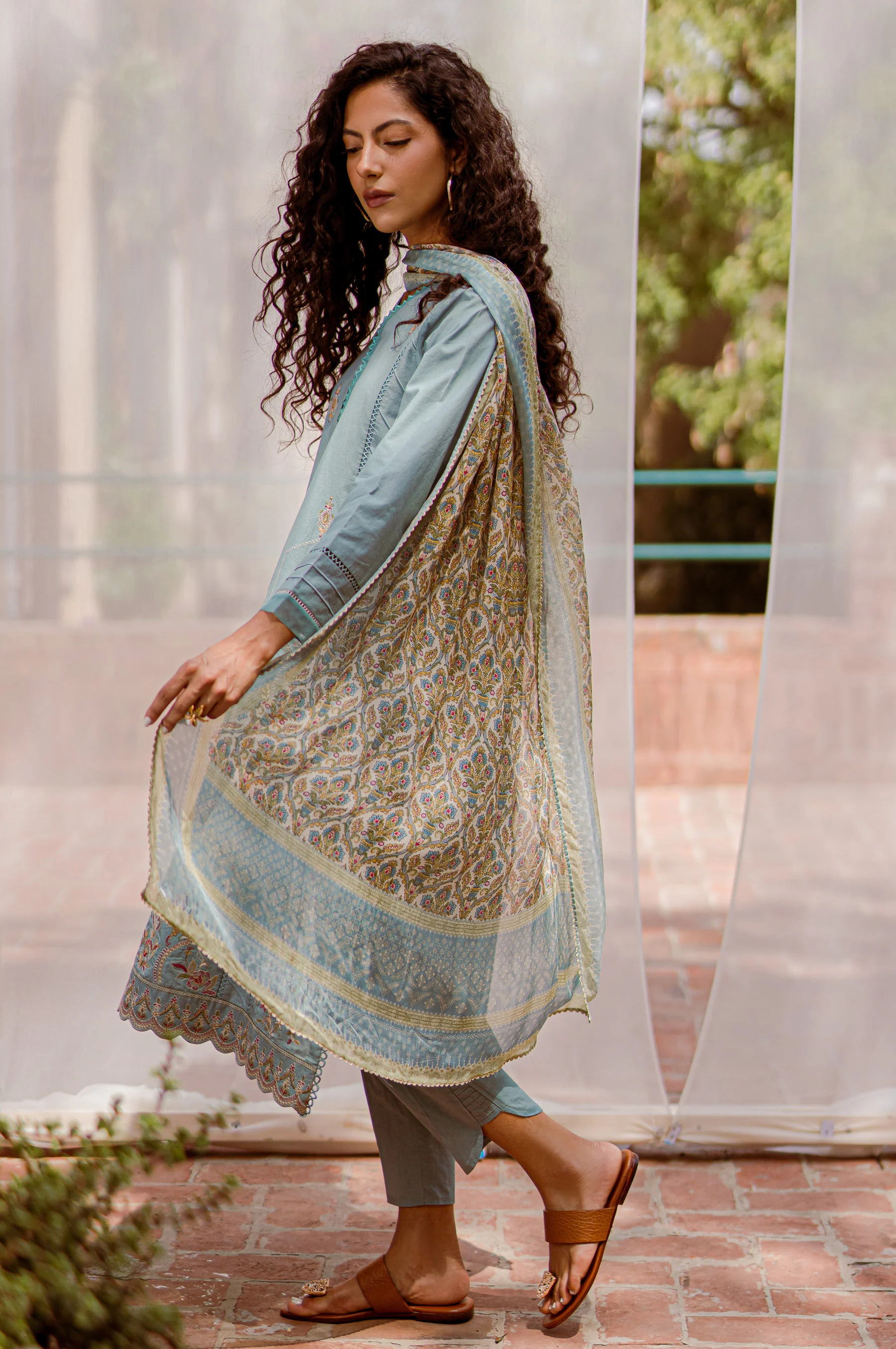 Stitched 3 Piece Embroidered shirt with Tissue Silk Dupatta - Image 5