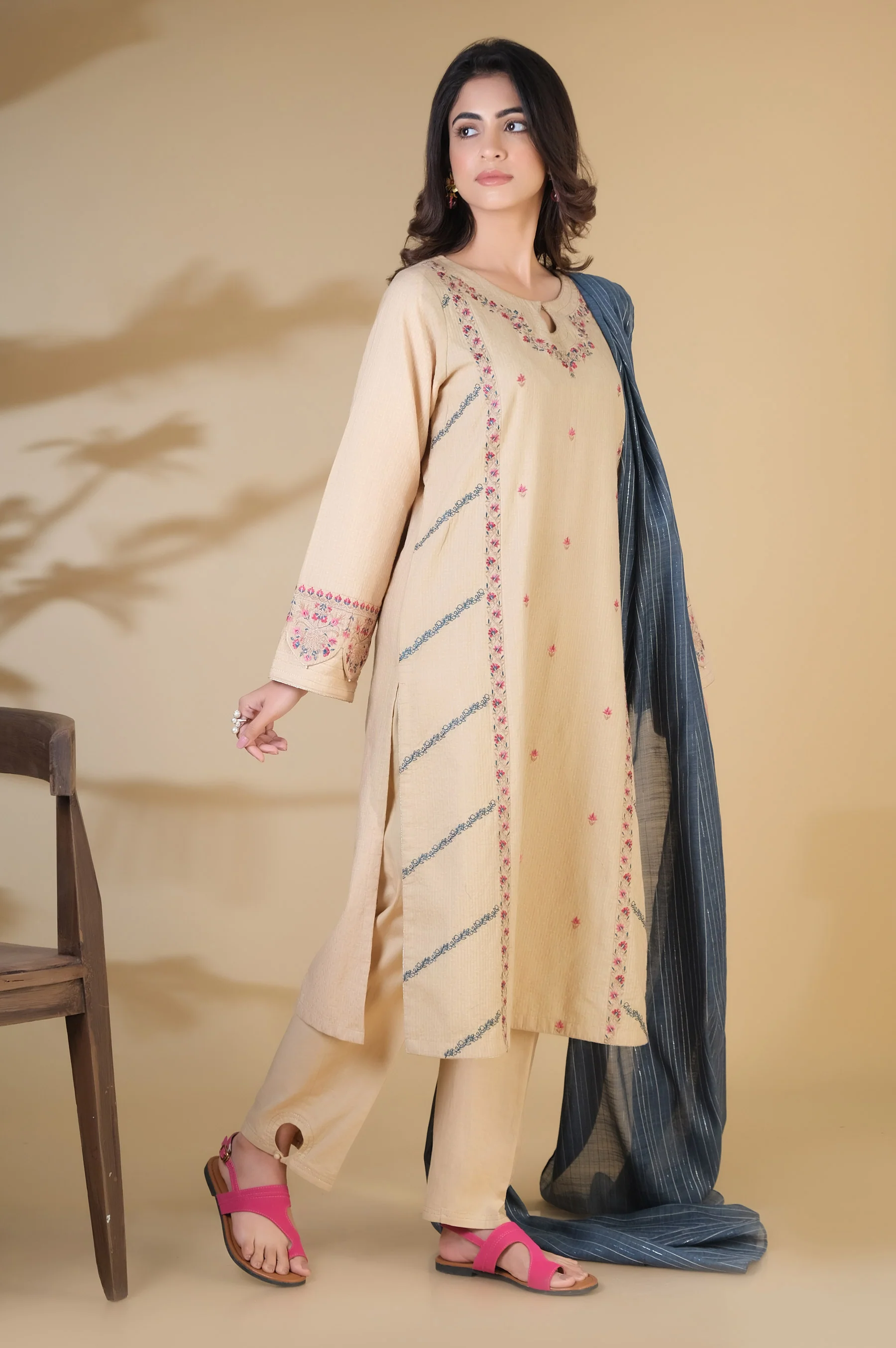 Stitched 3 Piece Embroidered Jacquard Suit - Image 2