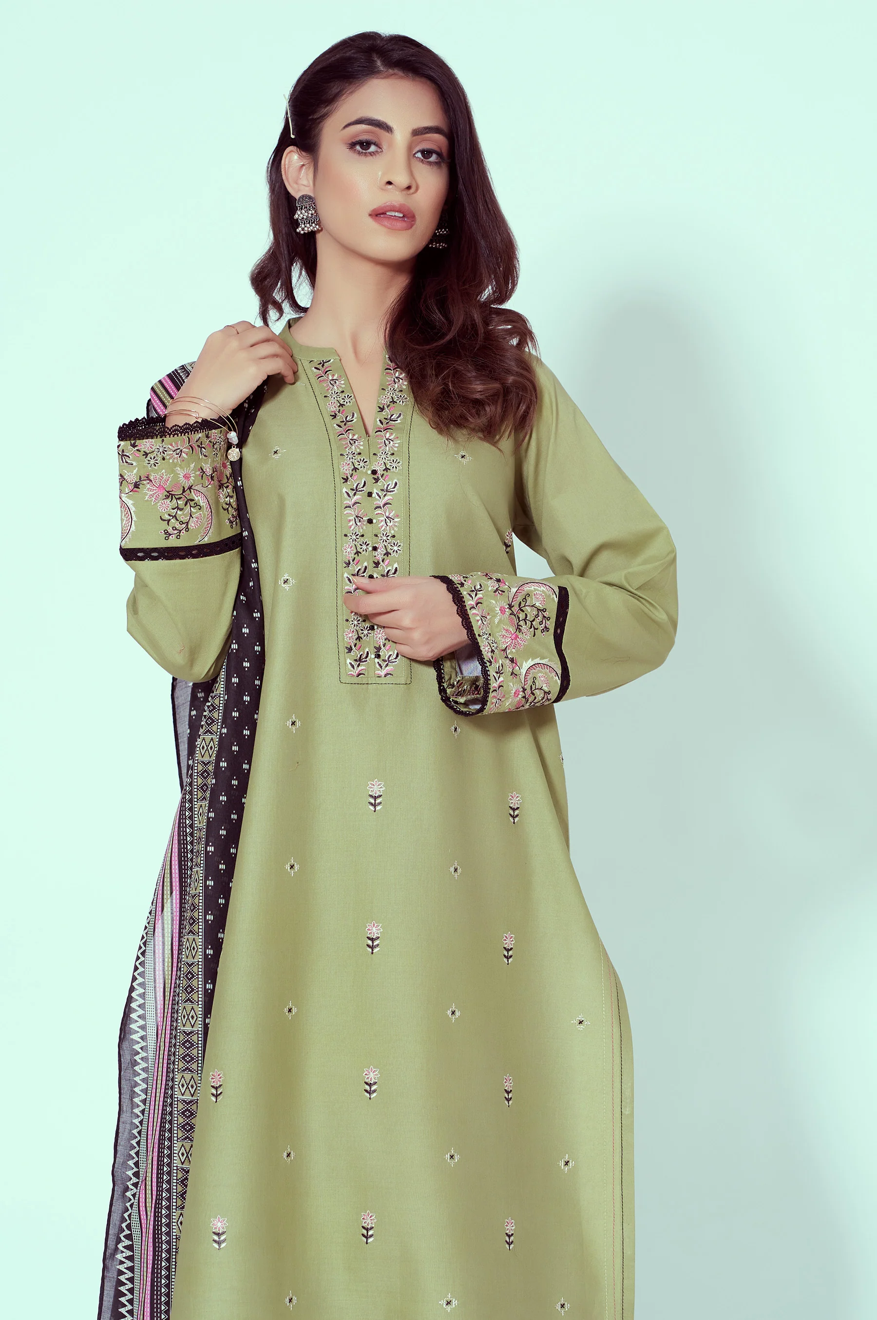 Stitched 3 Piece Embroidered Cambric with Chiffon Dupatta - Image 3