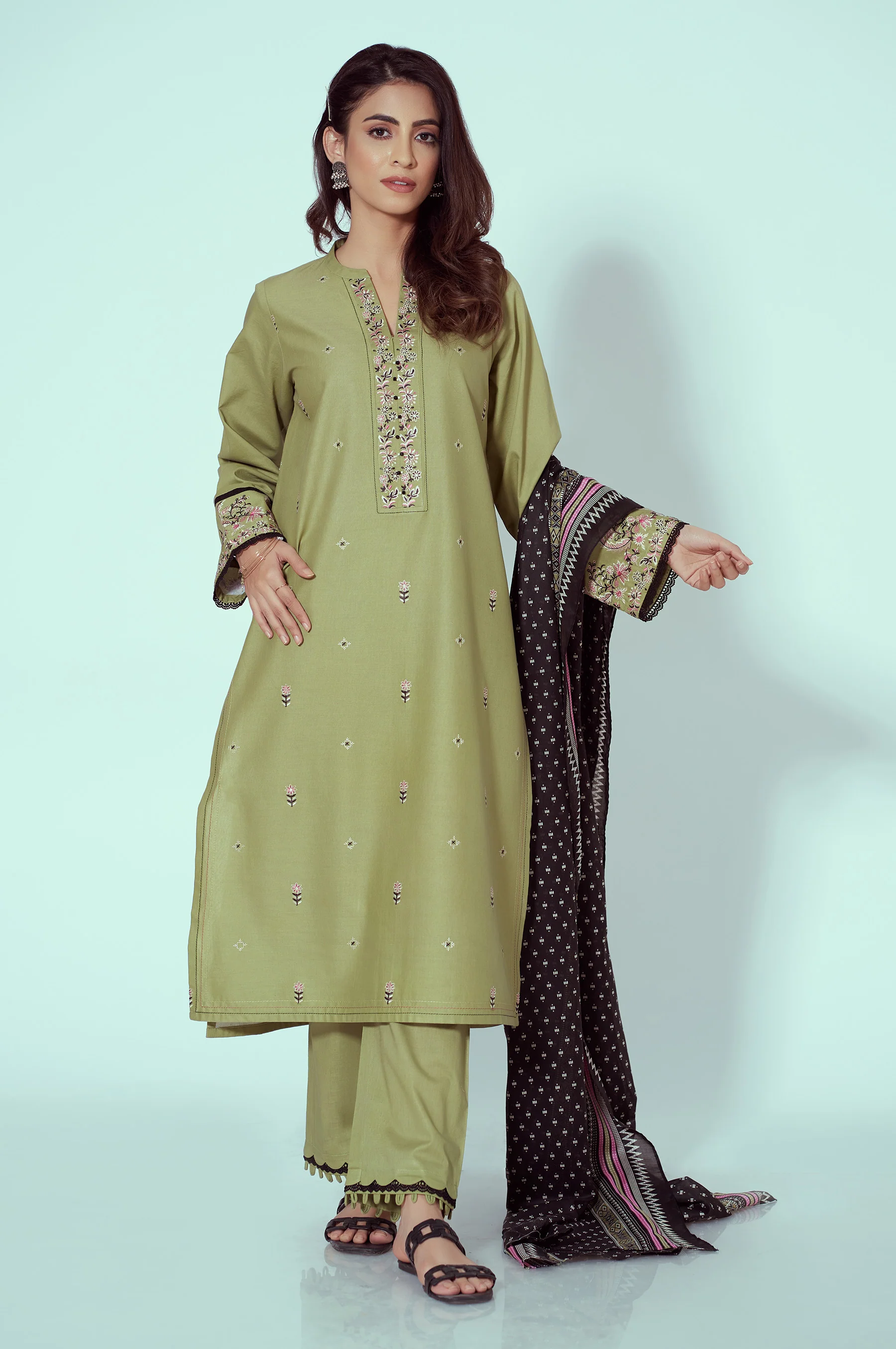 Stitched 3 Piece Embroidered Cambric with Chiffon Dupatta - Image 5