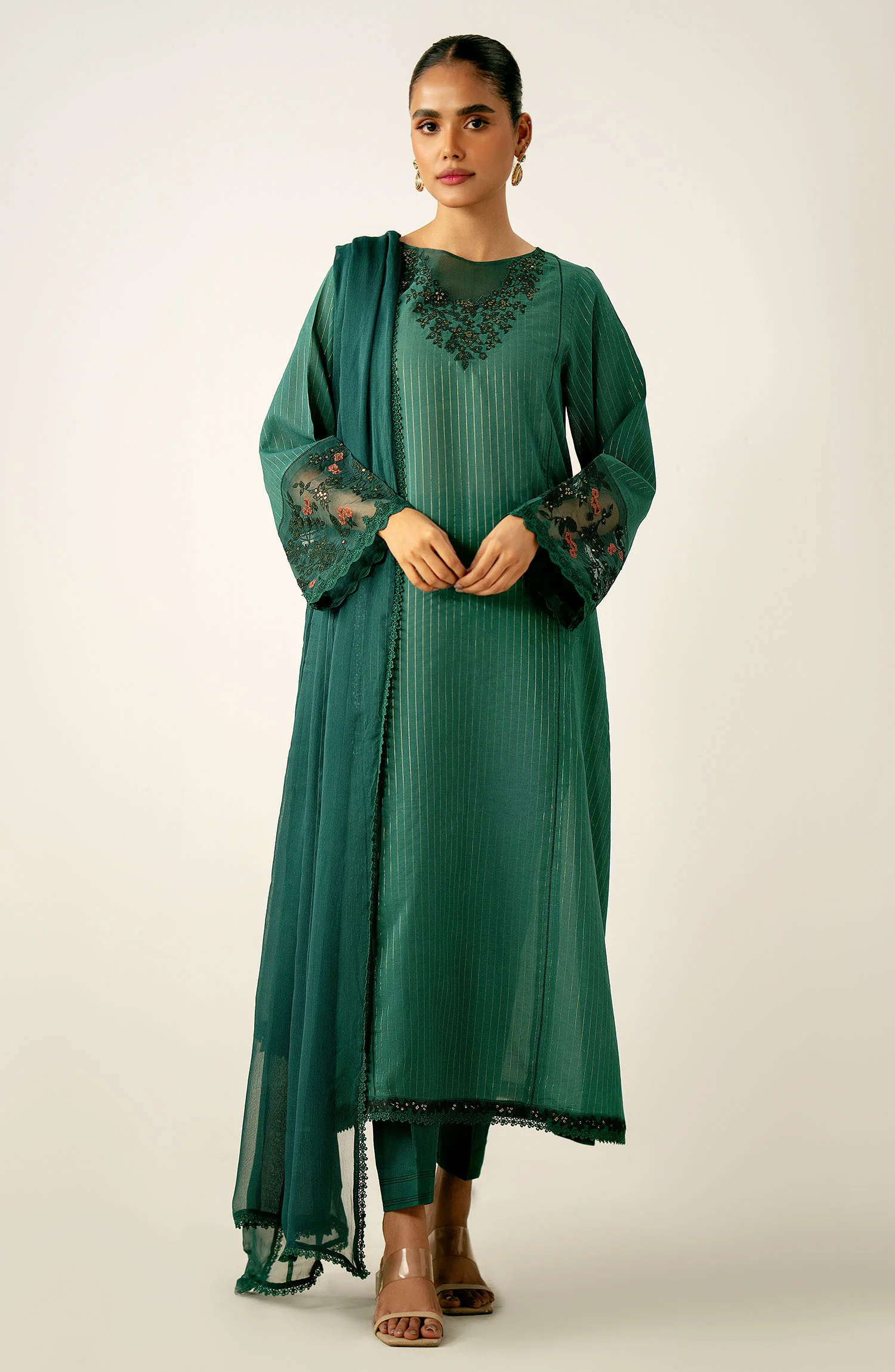 Stitched 3 Piece Embroidered Cambric Zari Suit - Image 4