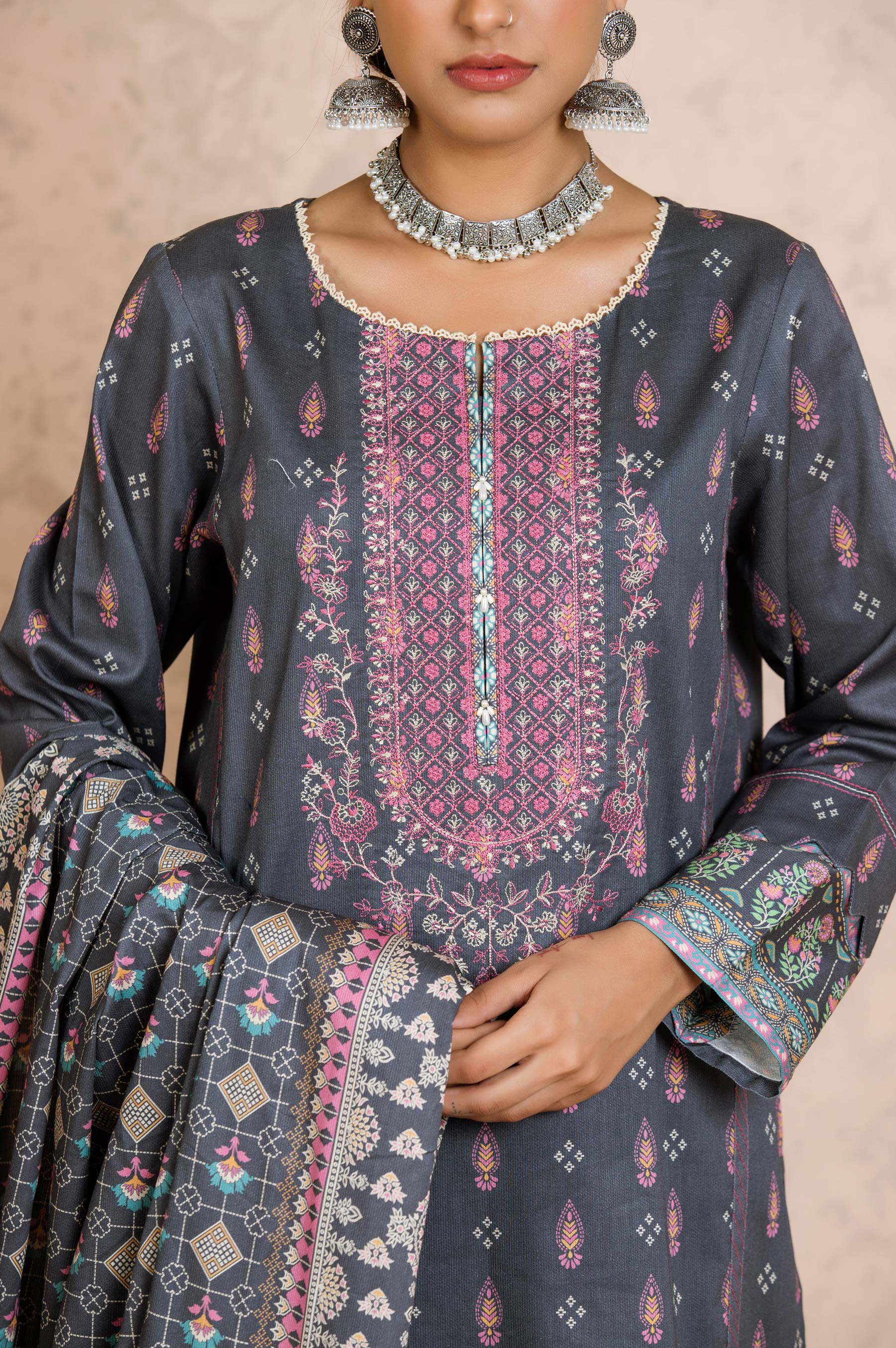 Stitched 3 Piece Embroidered Cottel Suit - Image 4
