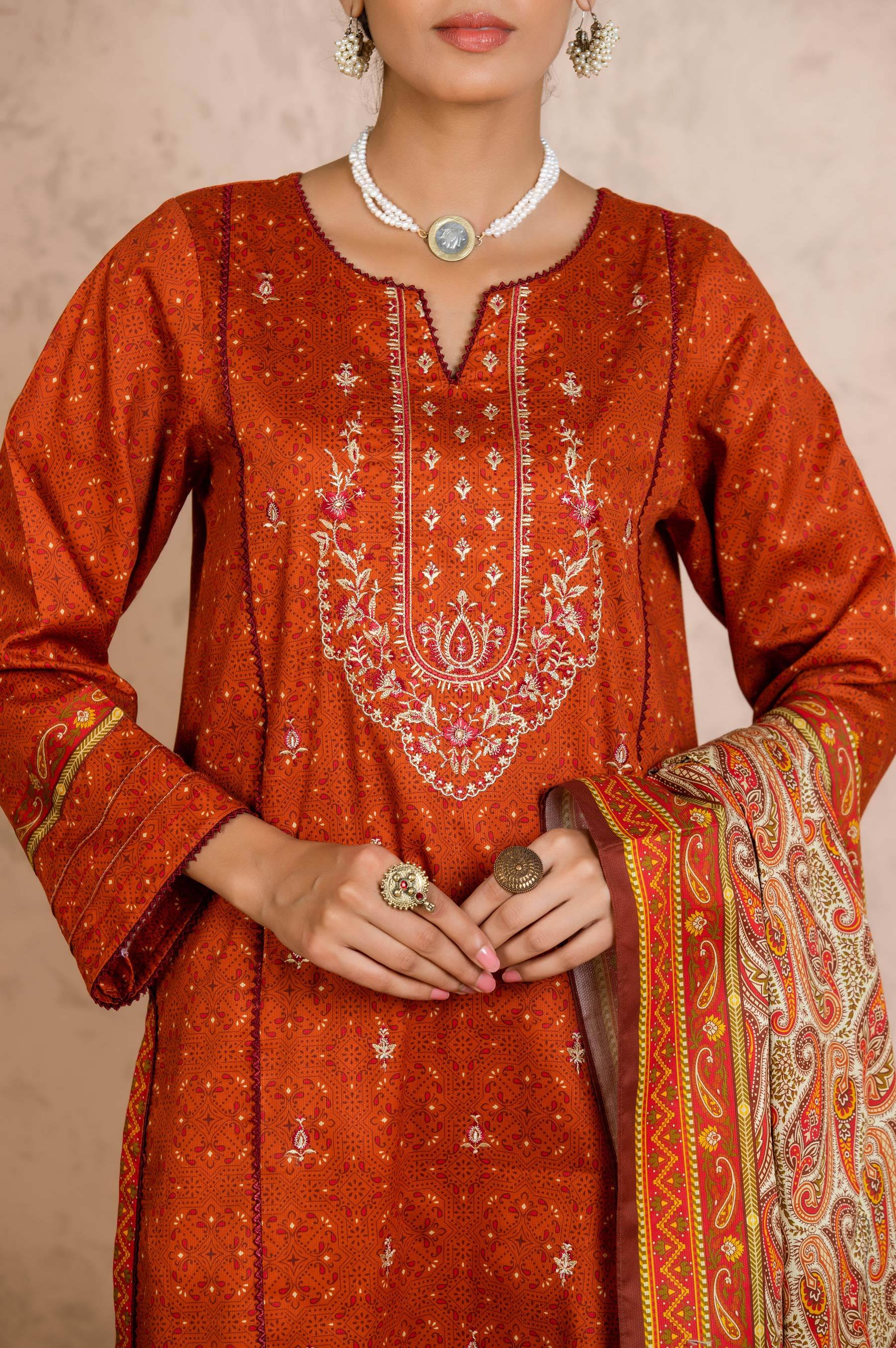 Stitched 3 Piece Embroidered Cottel Suit - Image 4