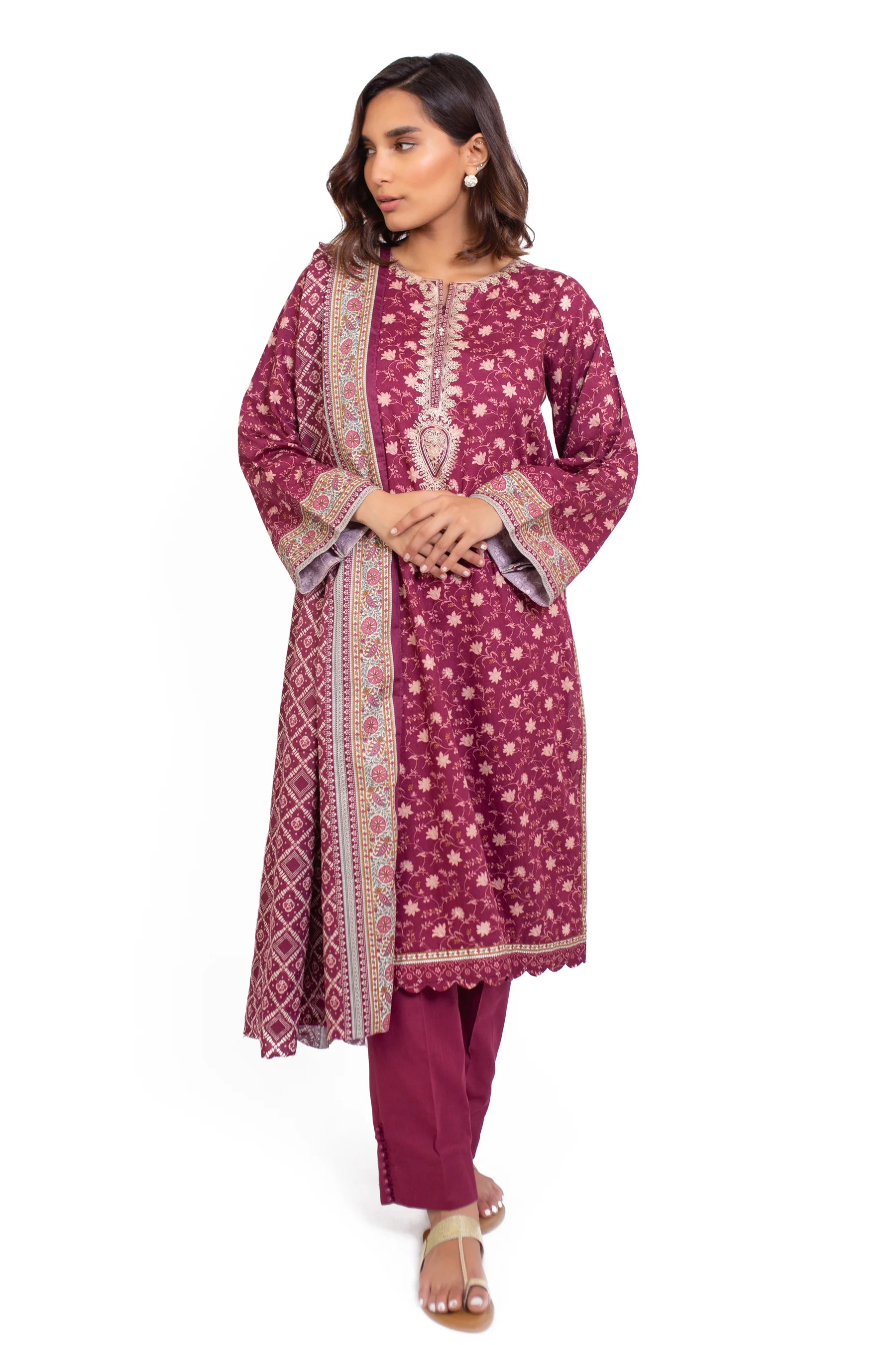 Stitched 3 Piece Embroidered Cottel Suit - Image 2