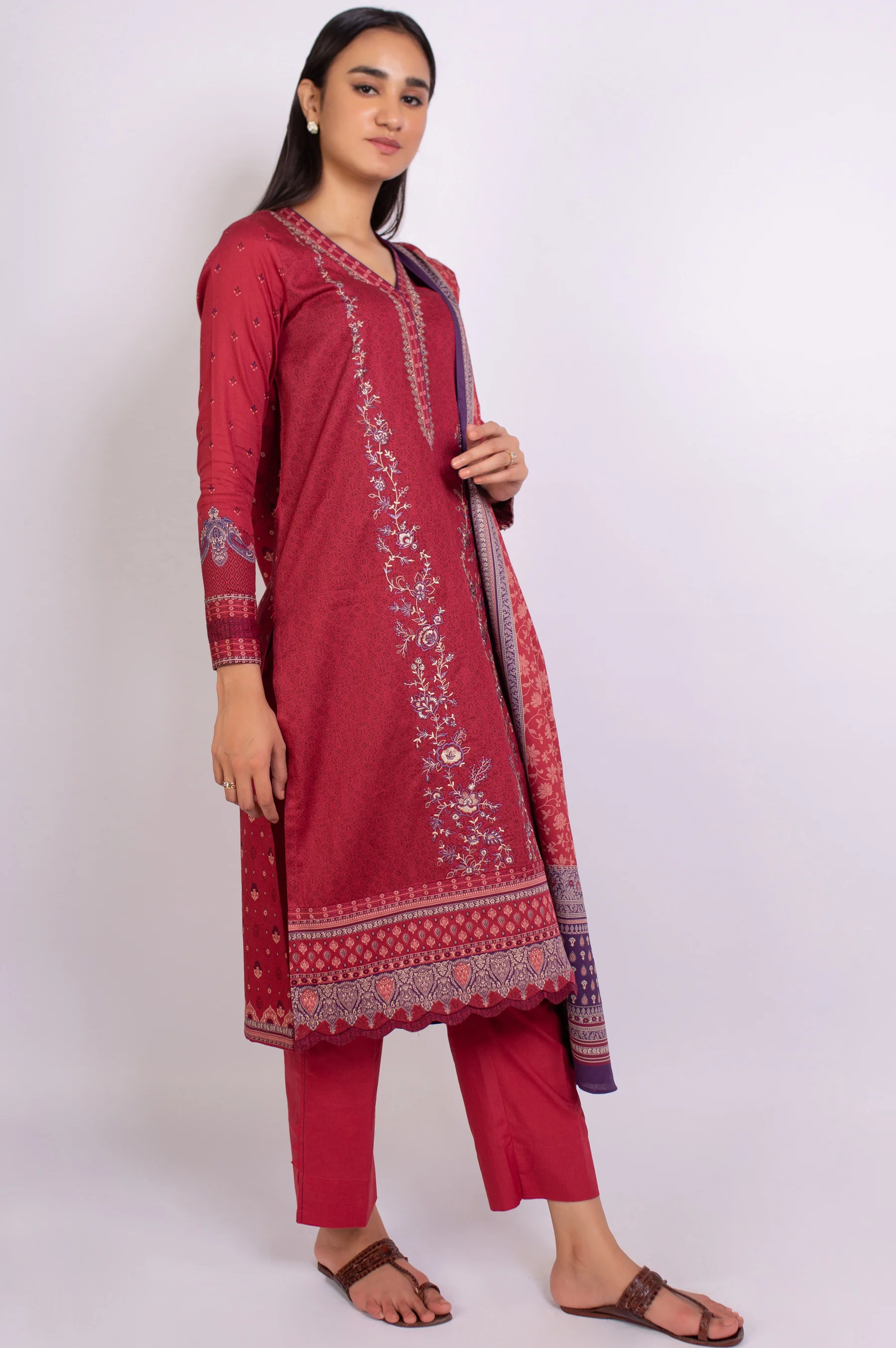 Stitched 3 Piece Embroidered Cottel Suit - Image 4