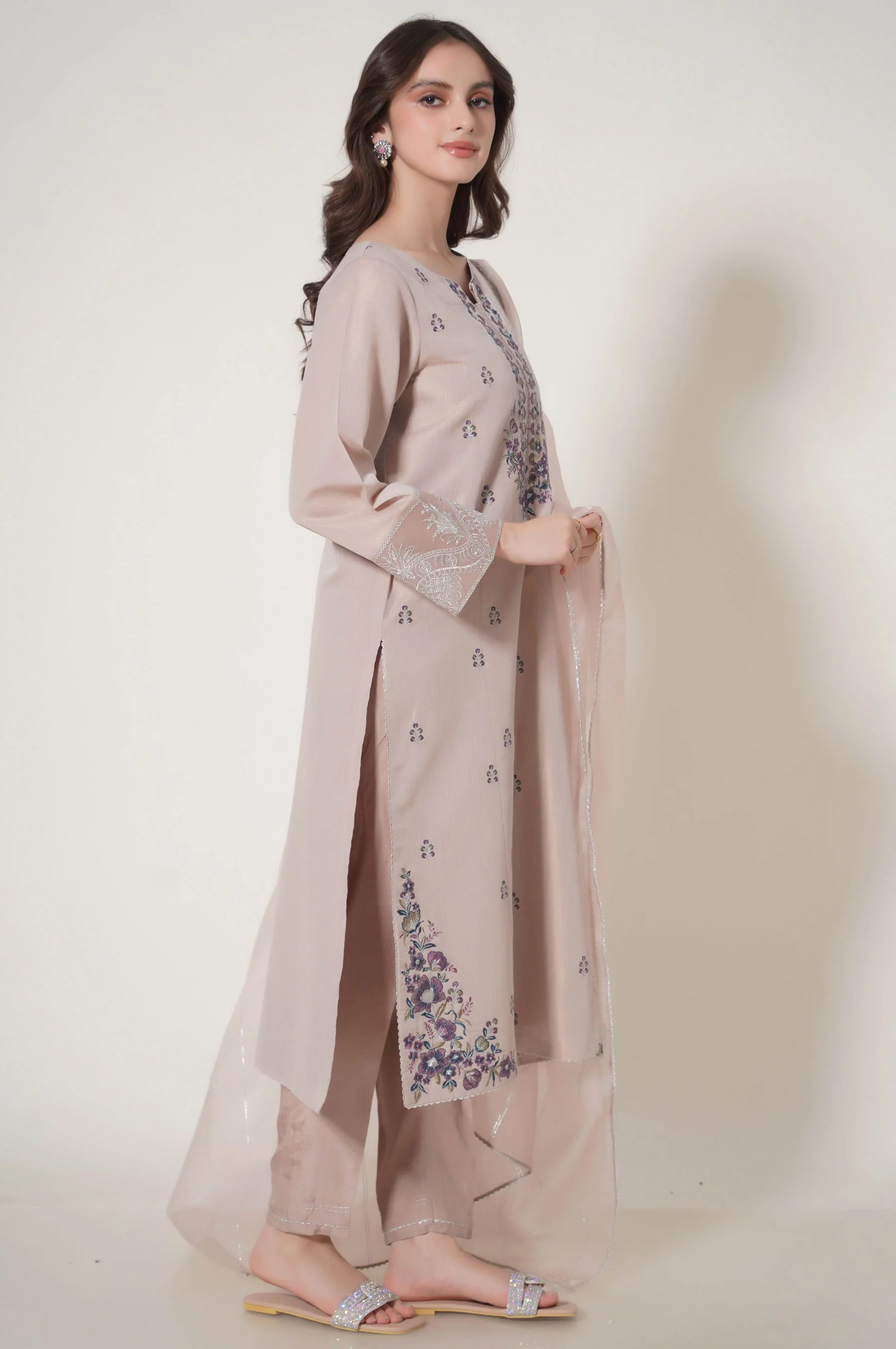 Stitched 3 Piece Embroidered Cotton Mysuri Outfit - Image 3