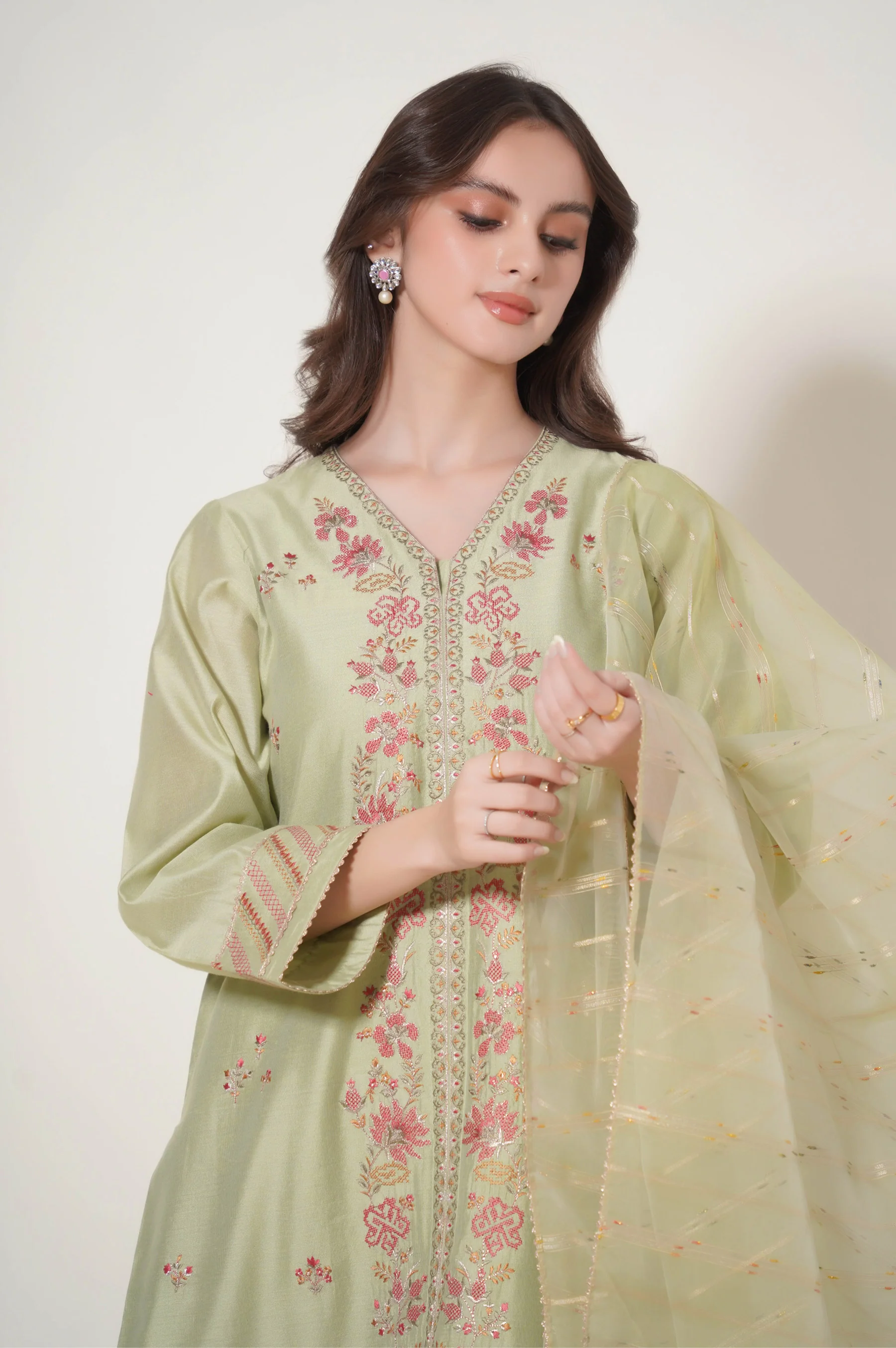 Stitched 3 Piece Embroidered Cotton Net Outfit - Image 2