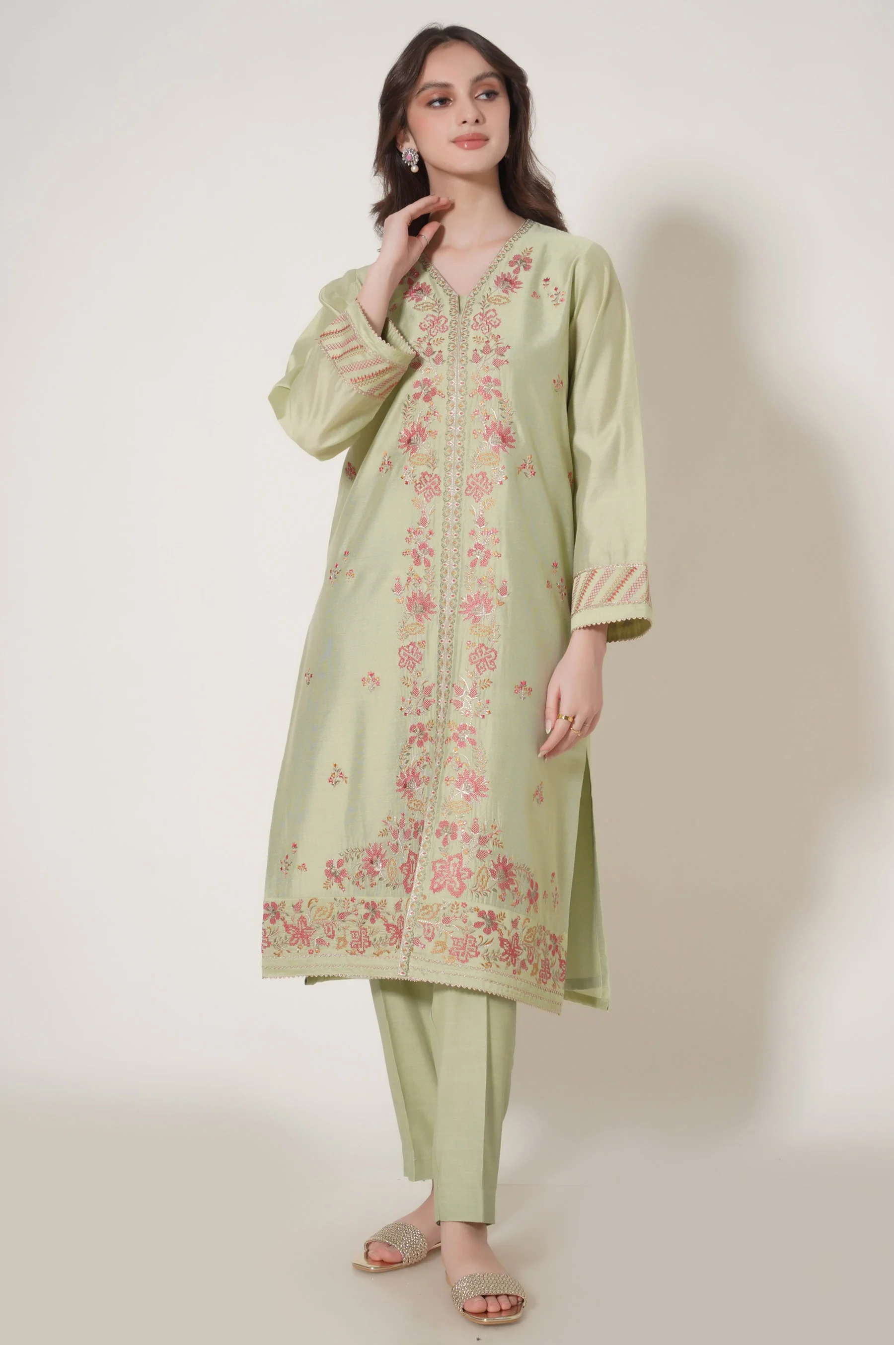 Stitched 3 Piece Embroidered Cotton Net Outfit - Image 5