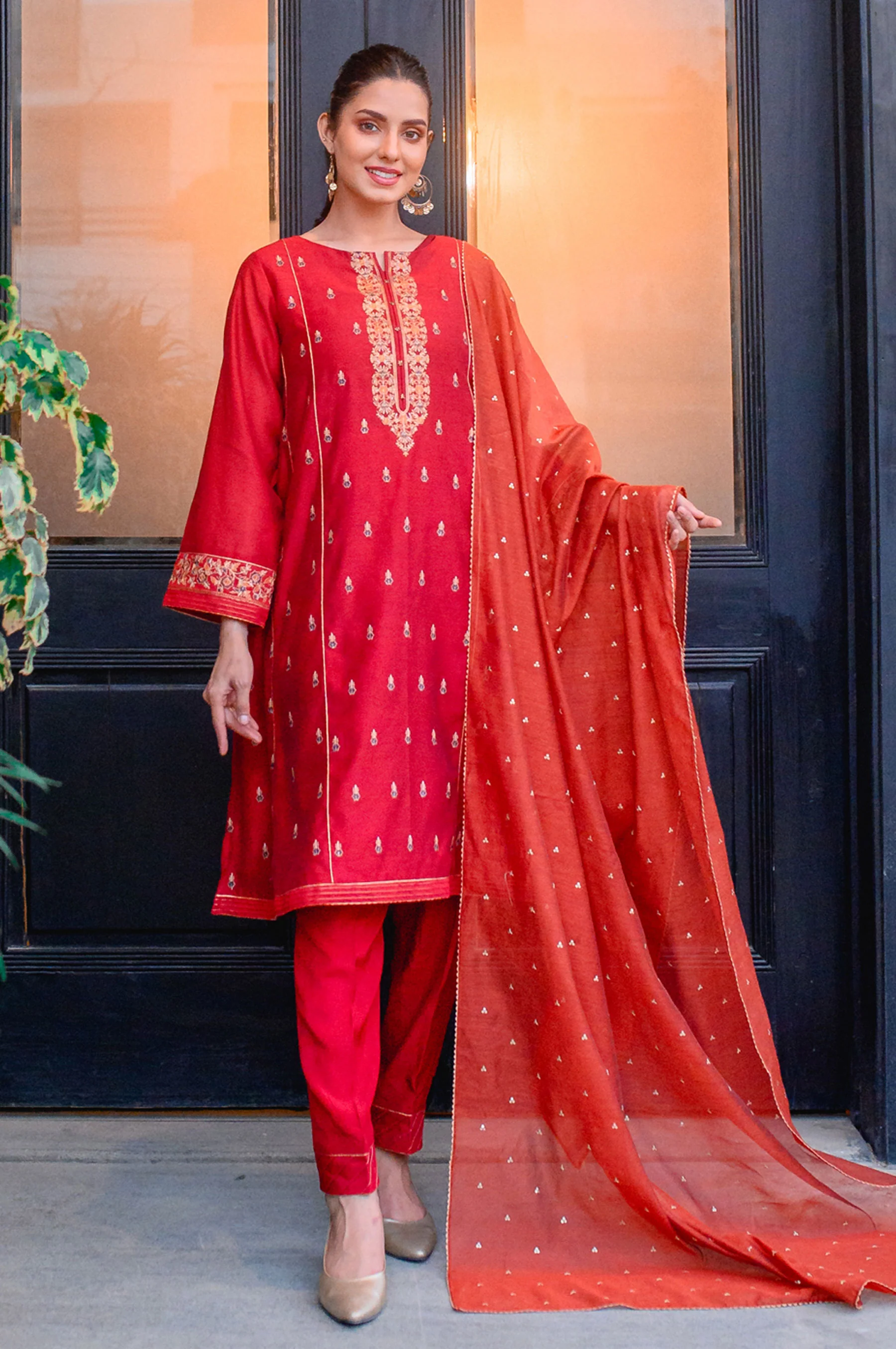 Stitched 3 Piece Cotton Net Embroidered Suit - Image 2