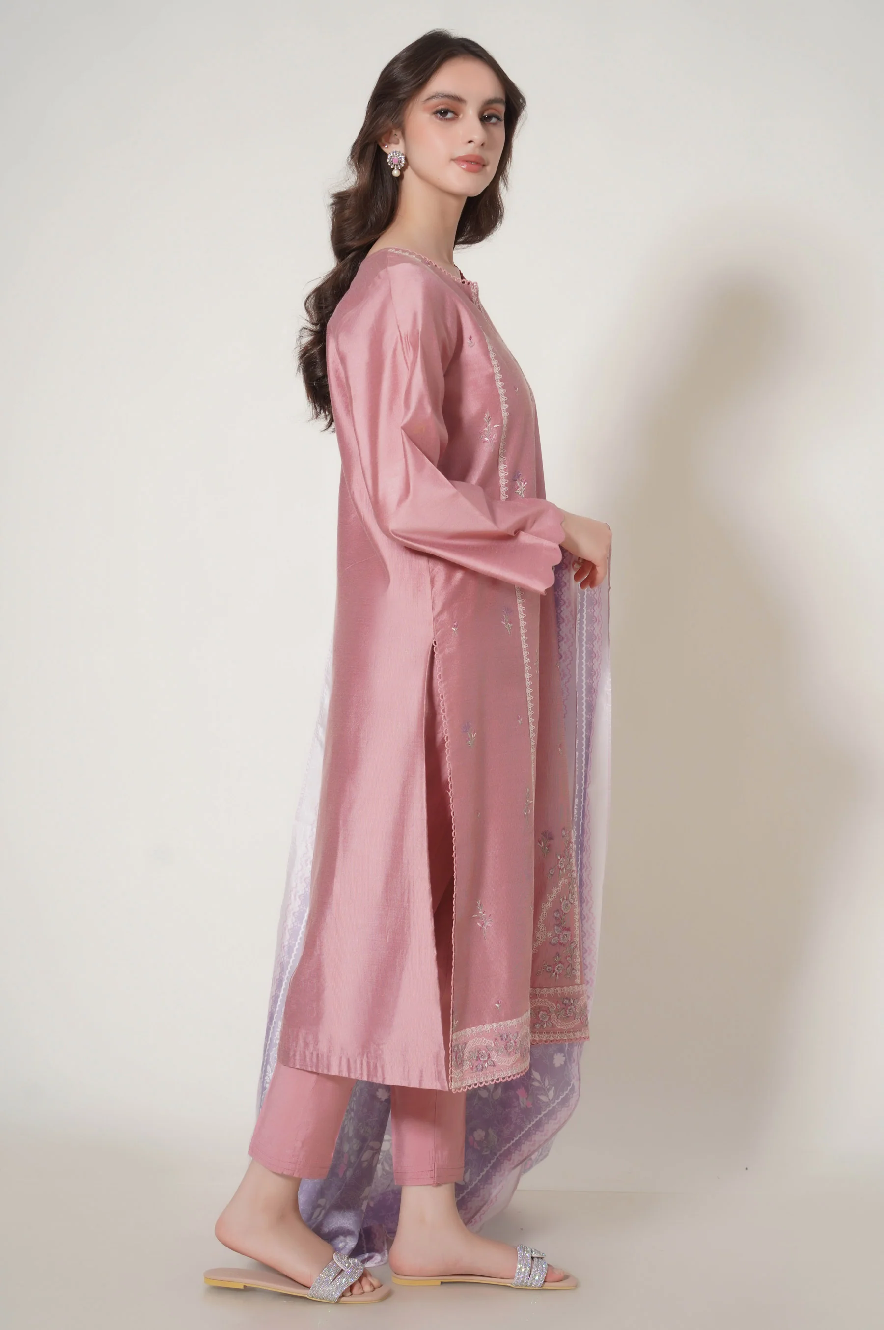 Stitched 3 Piece Embroidered Cotton Net Outfit - Image 2