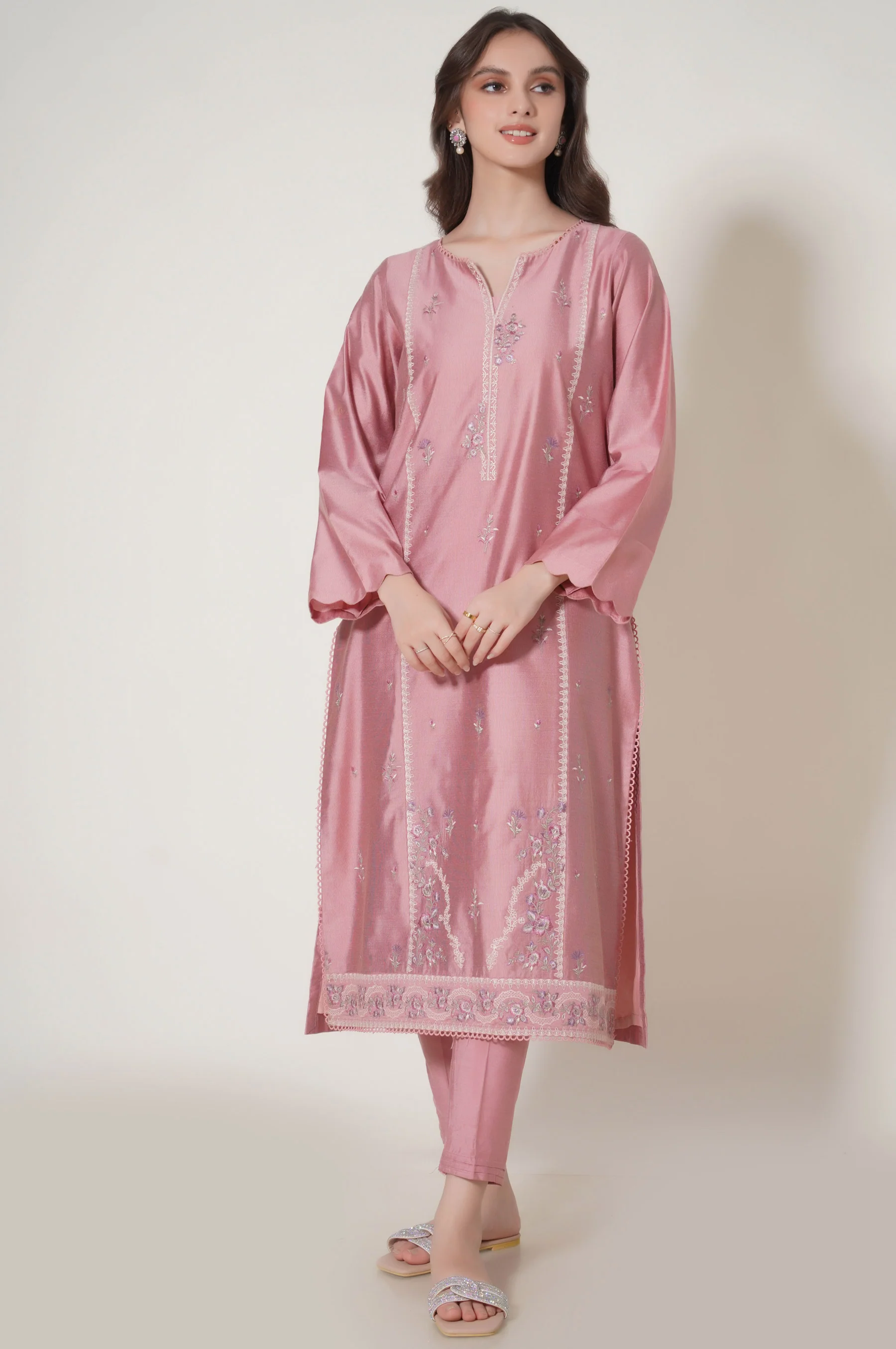 Stitched 3 Piece Embroidered Cotton Net Outfit - Image 4