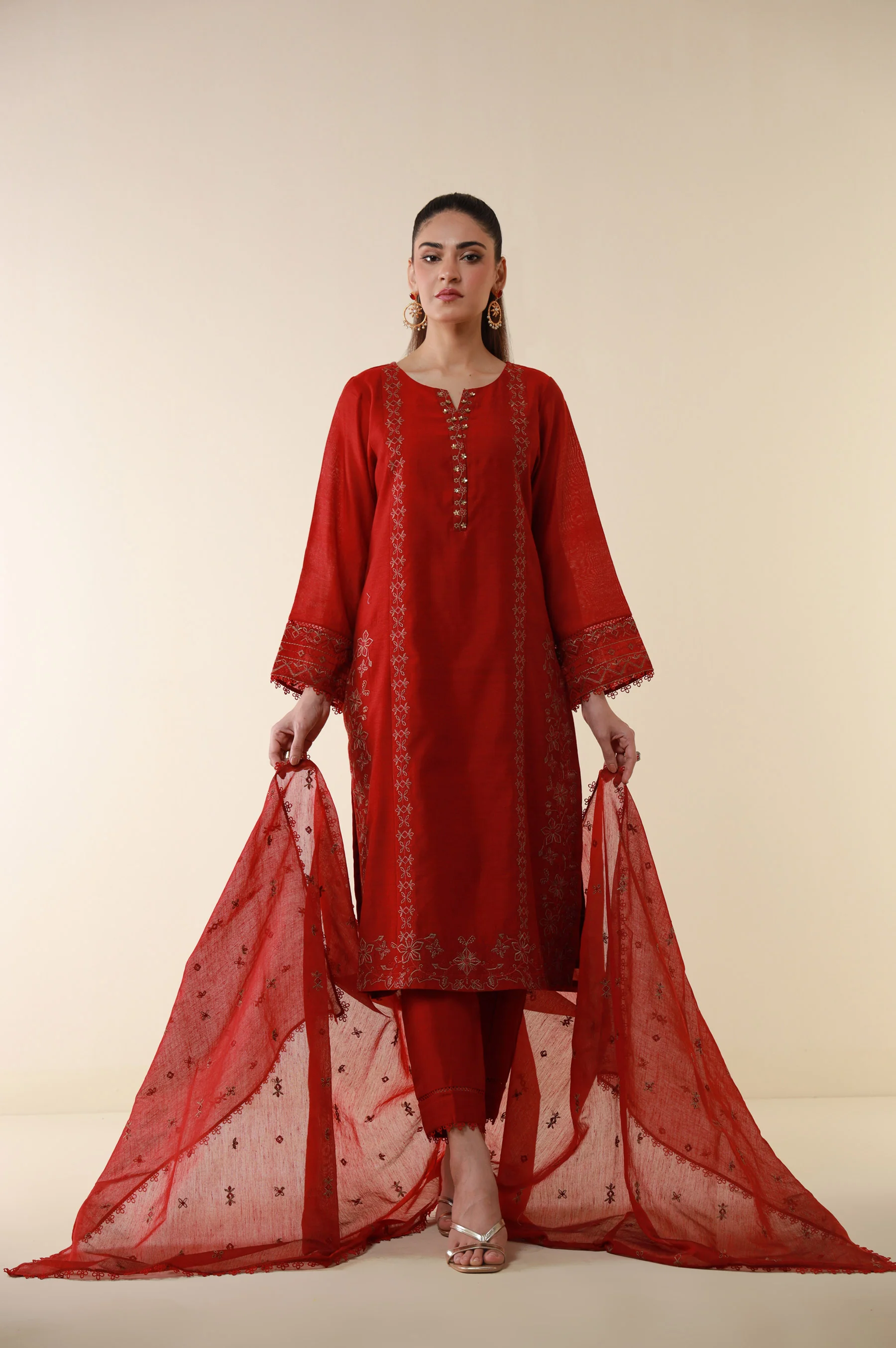 Stitched 3 Piece Embroidered Cotton Net Suit - Image 3