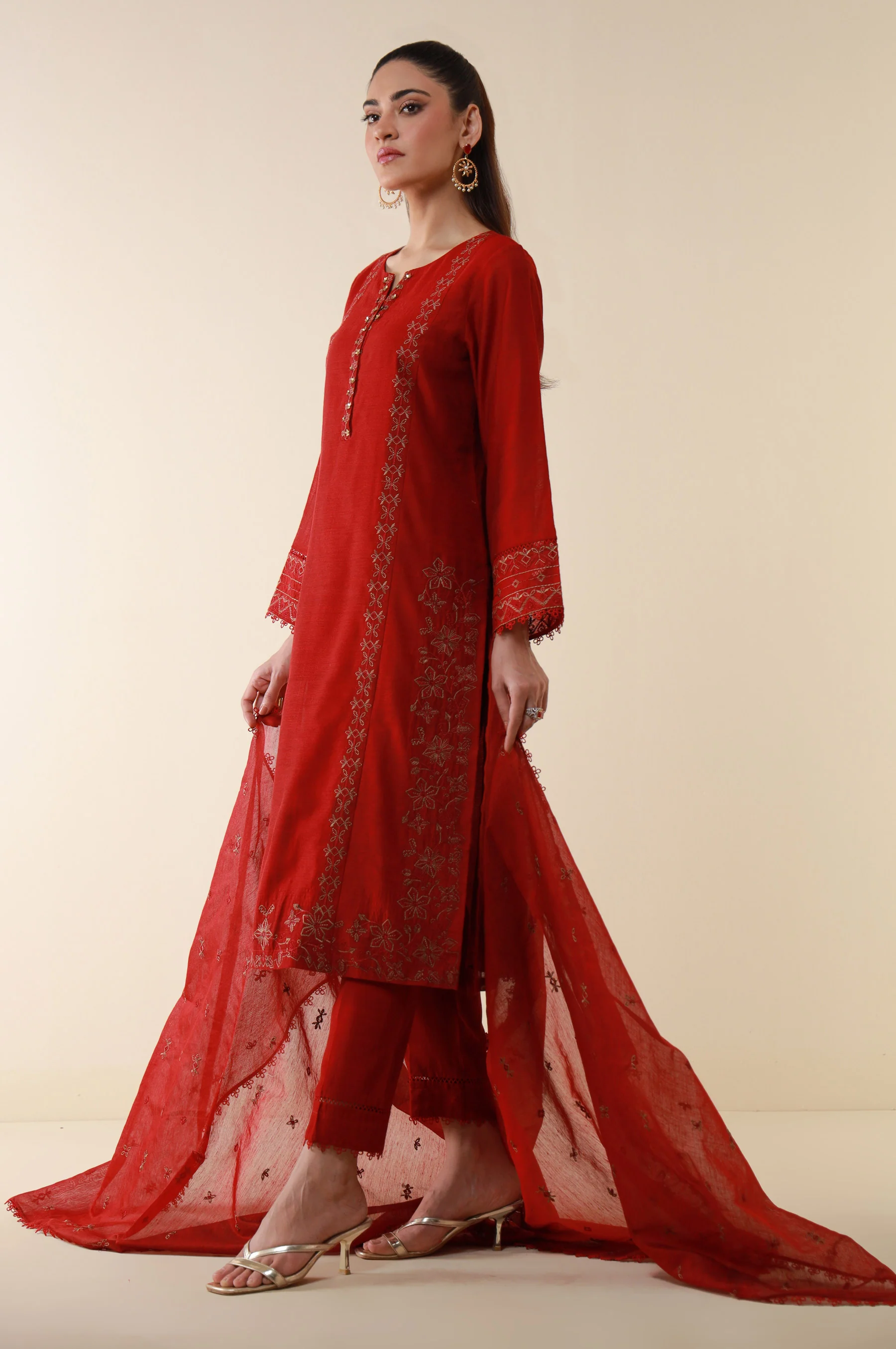 Stitched 3 Piece Embroidered Cotton Net Suit - Image 4