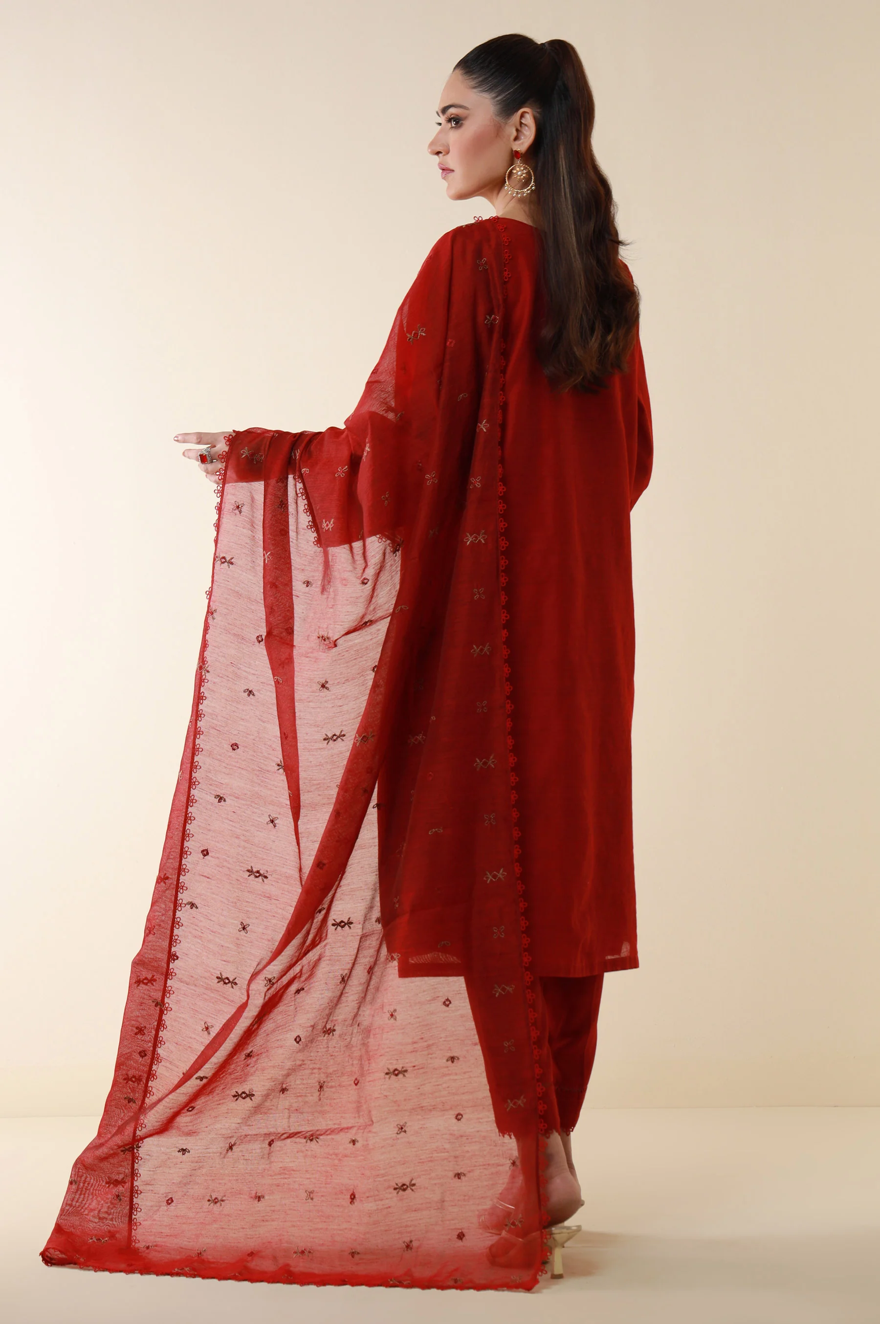 Stitched 3 Piece Embroidered Cotton Net Suit - Image 5