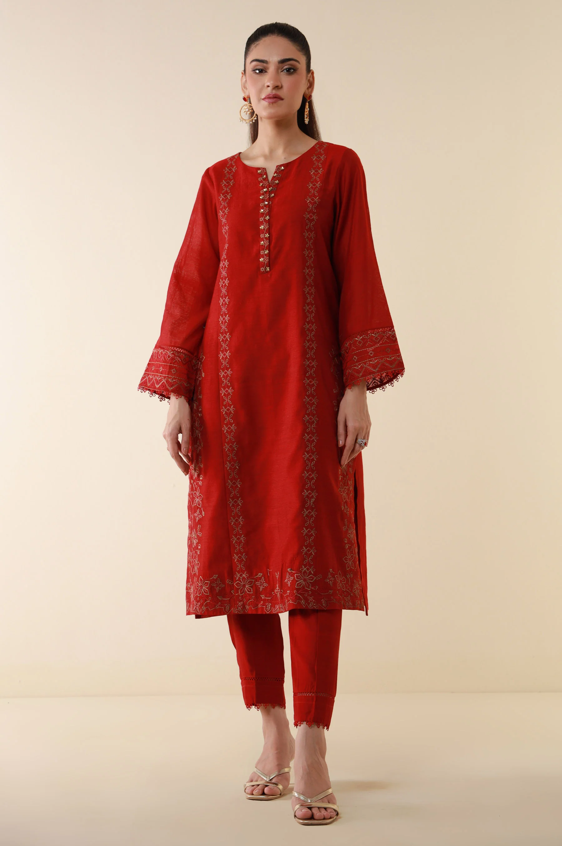 Stitched 3 Piece Embroidered Cotton Net Suit - Image 6