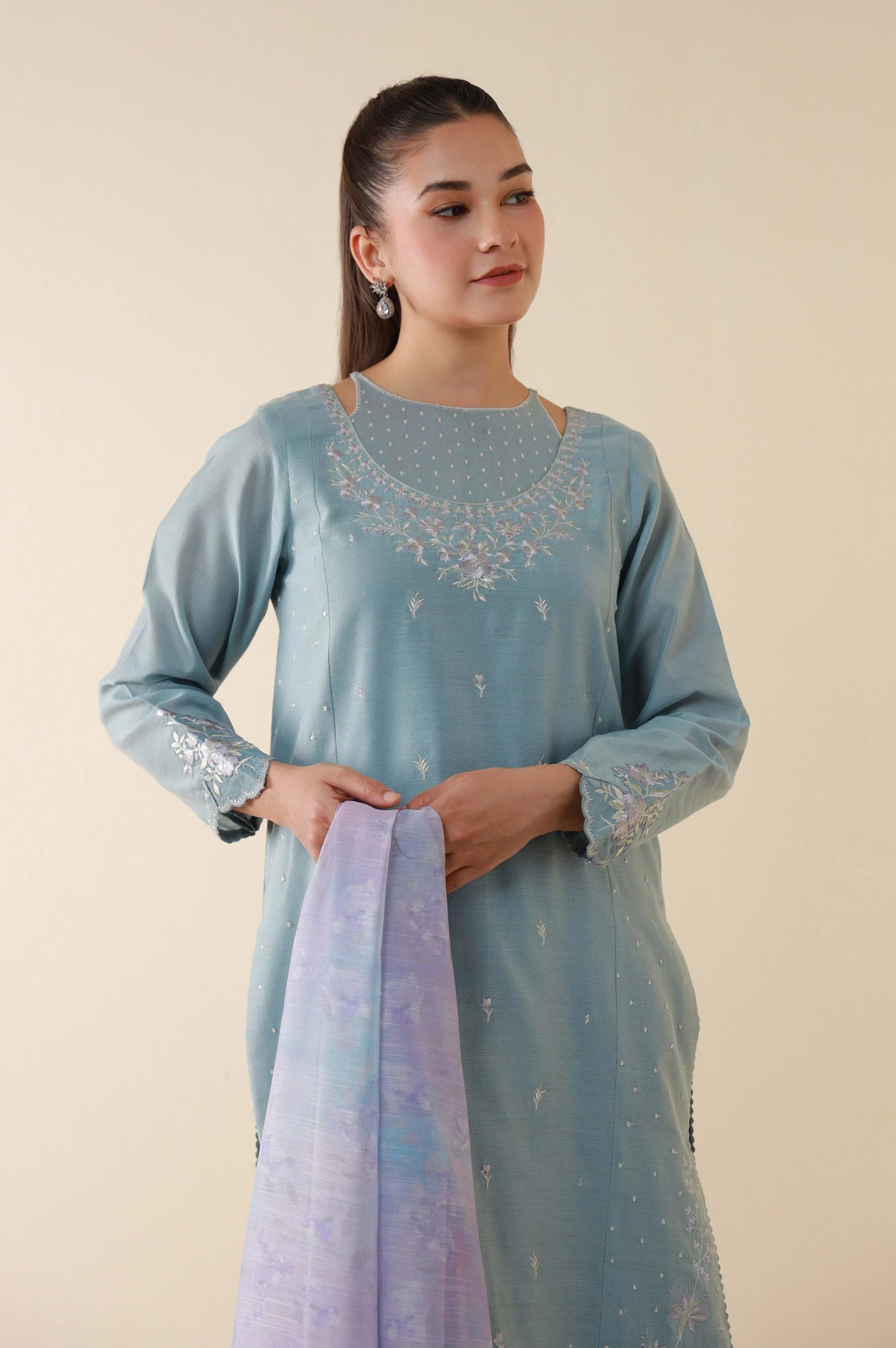 Stitched 3 Piece Embroidered Cotton Net Suit - Image 6