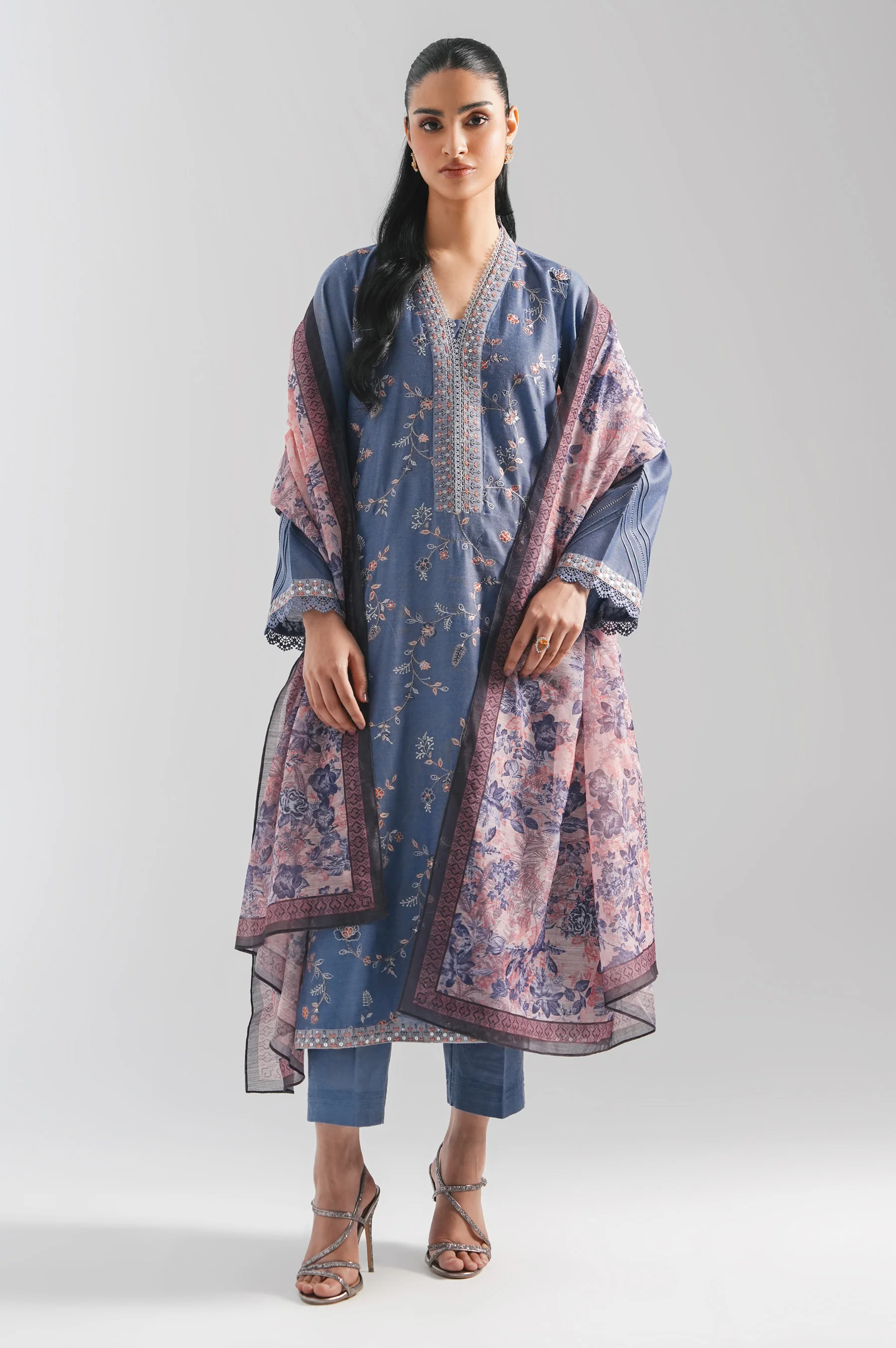 STITCHED EMBROIDERED COTTON NET SUIT