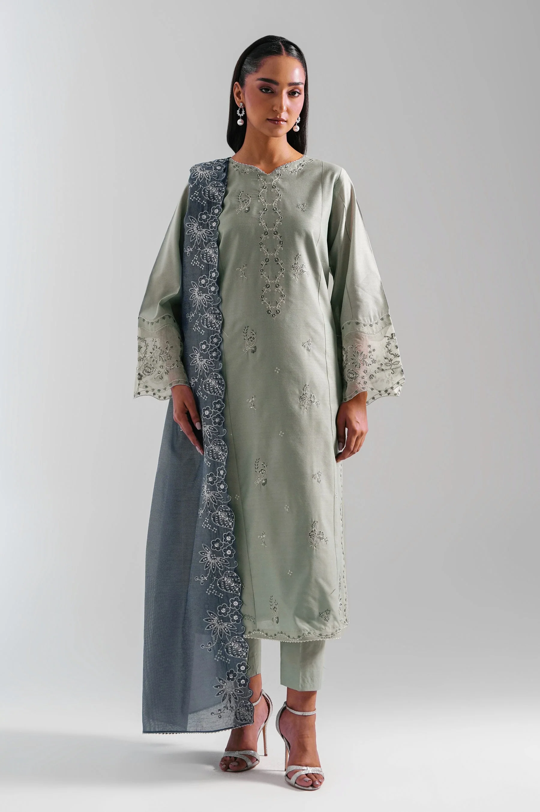 STITCHED EMBROIDERED COTTON NET SUIT (FACTORY E-OUTLET)