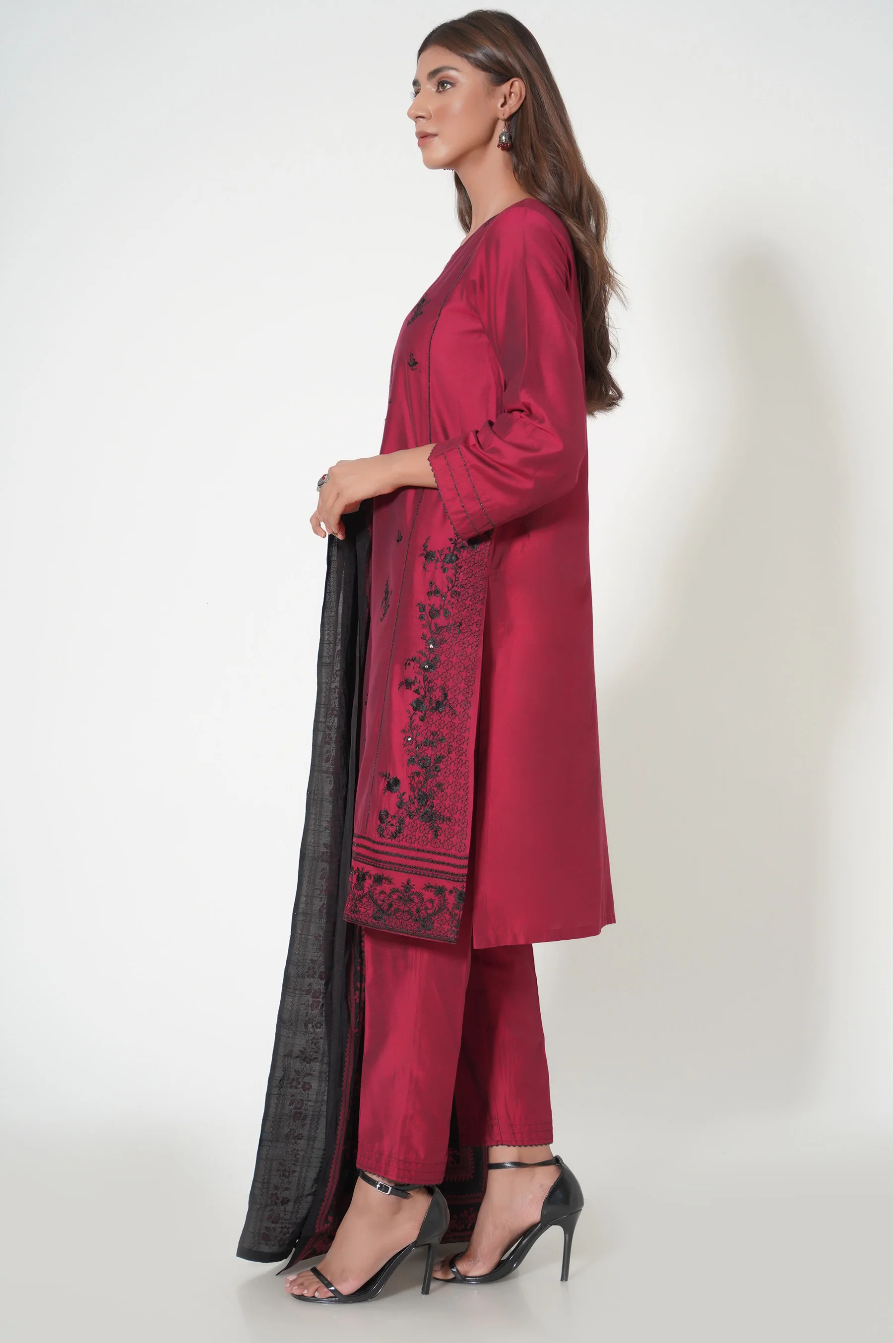 Stitched 3 Piece Embroidered Cotton Silk Outfit - Image 2