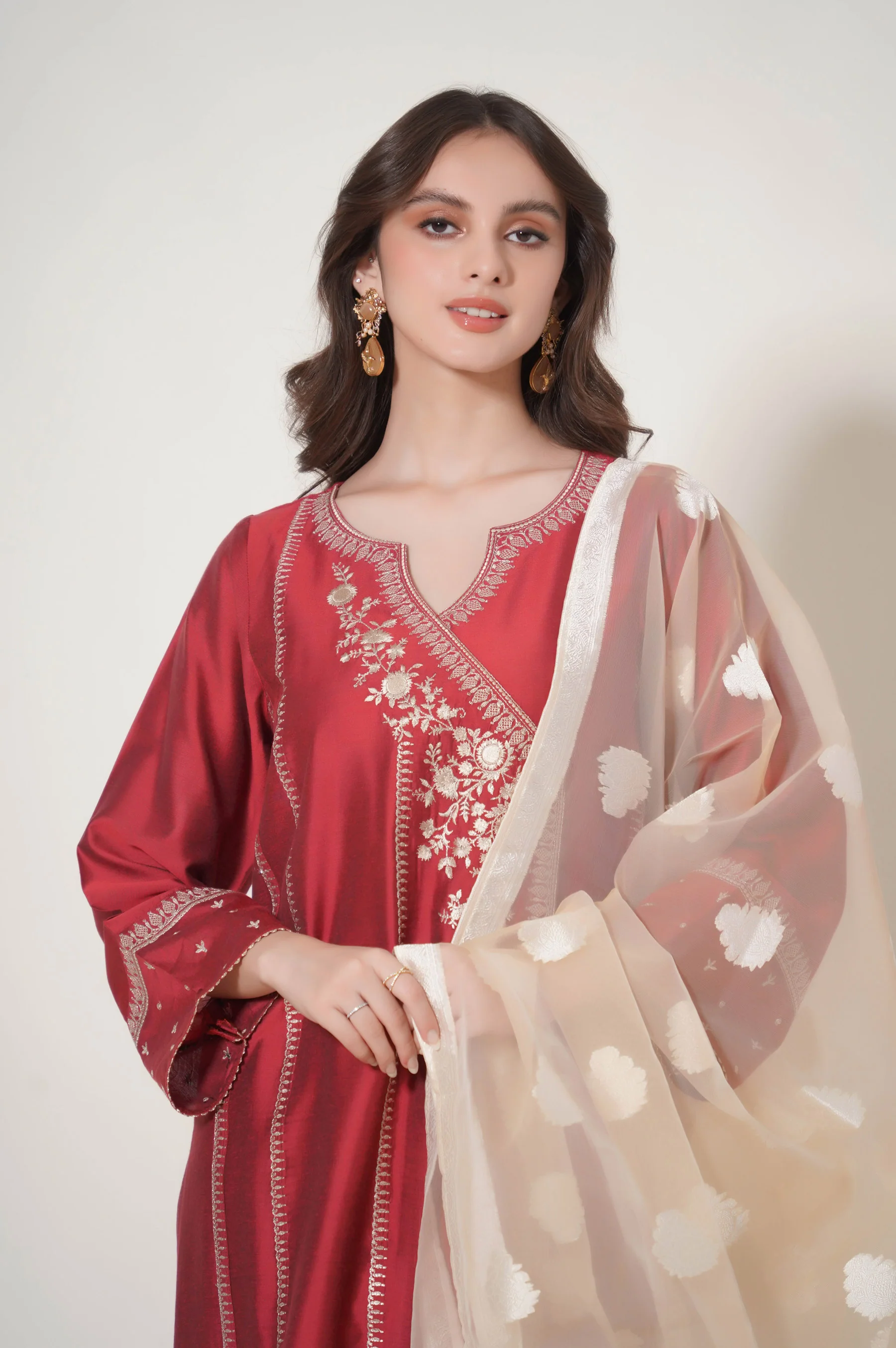 Stitched 3 Piece Embroidered Cotton Silk Suit - Image 2