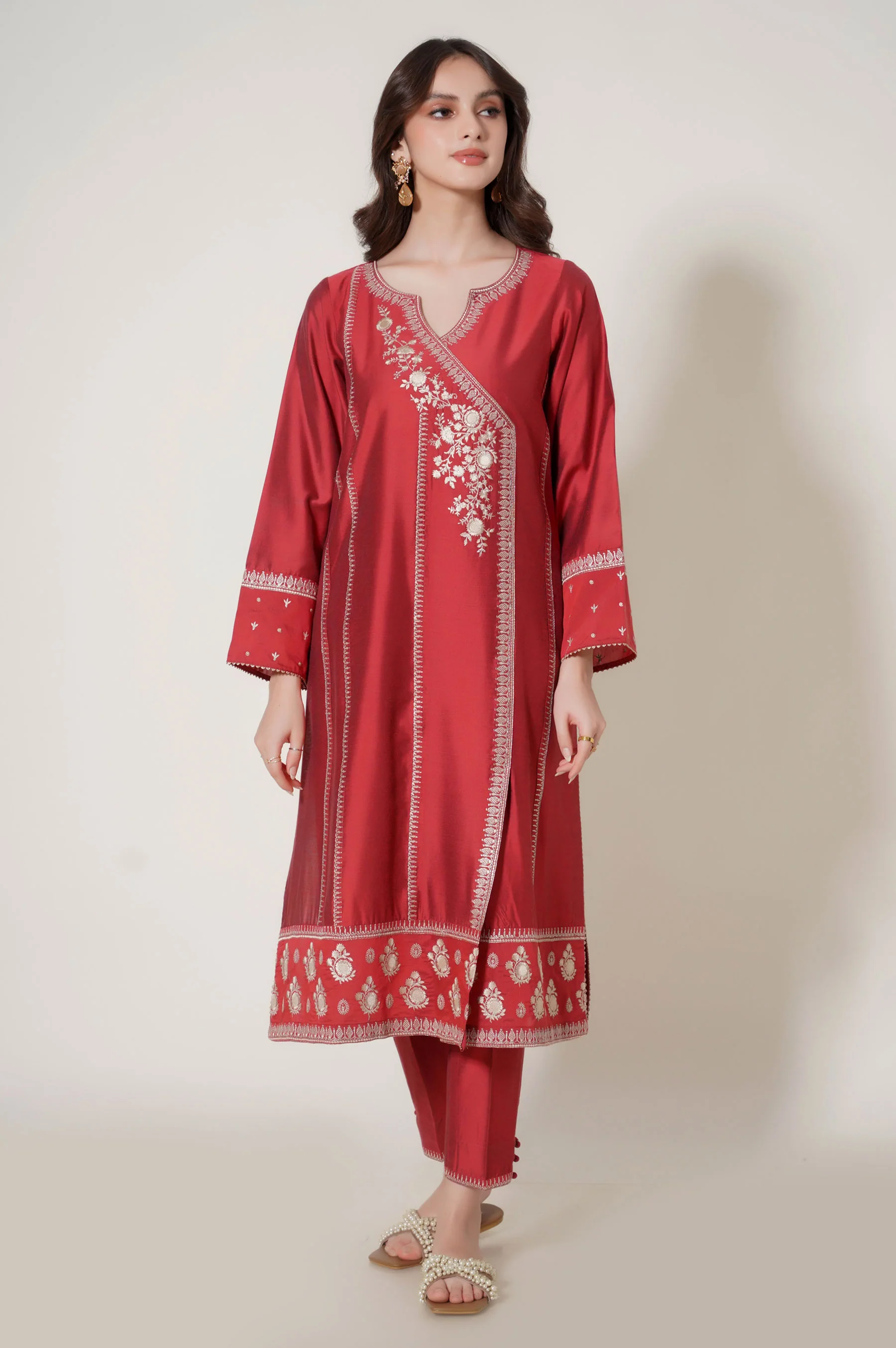Stitched 3 Piece Embroidered Cotton Silk Suit - Image 3