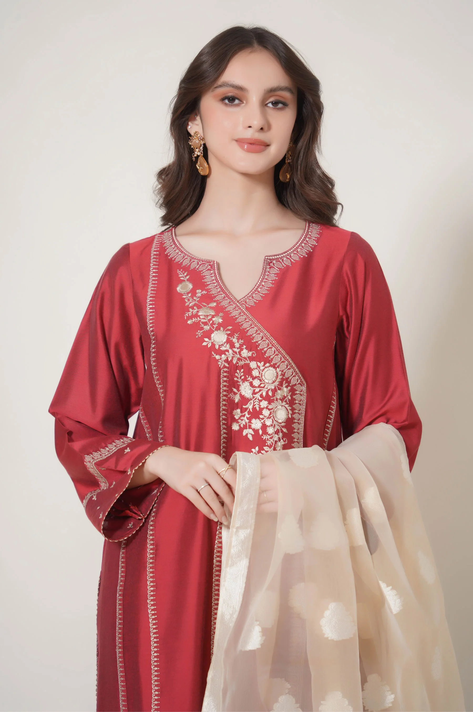 Stitched 3 Piece Embroidered Cotton Silk Suit - Image 5