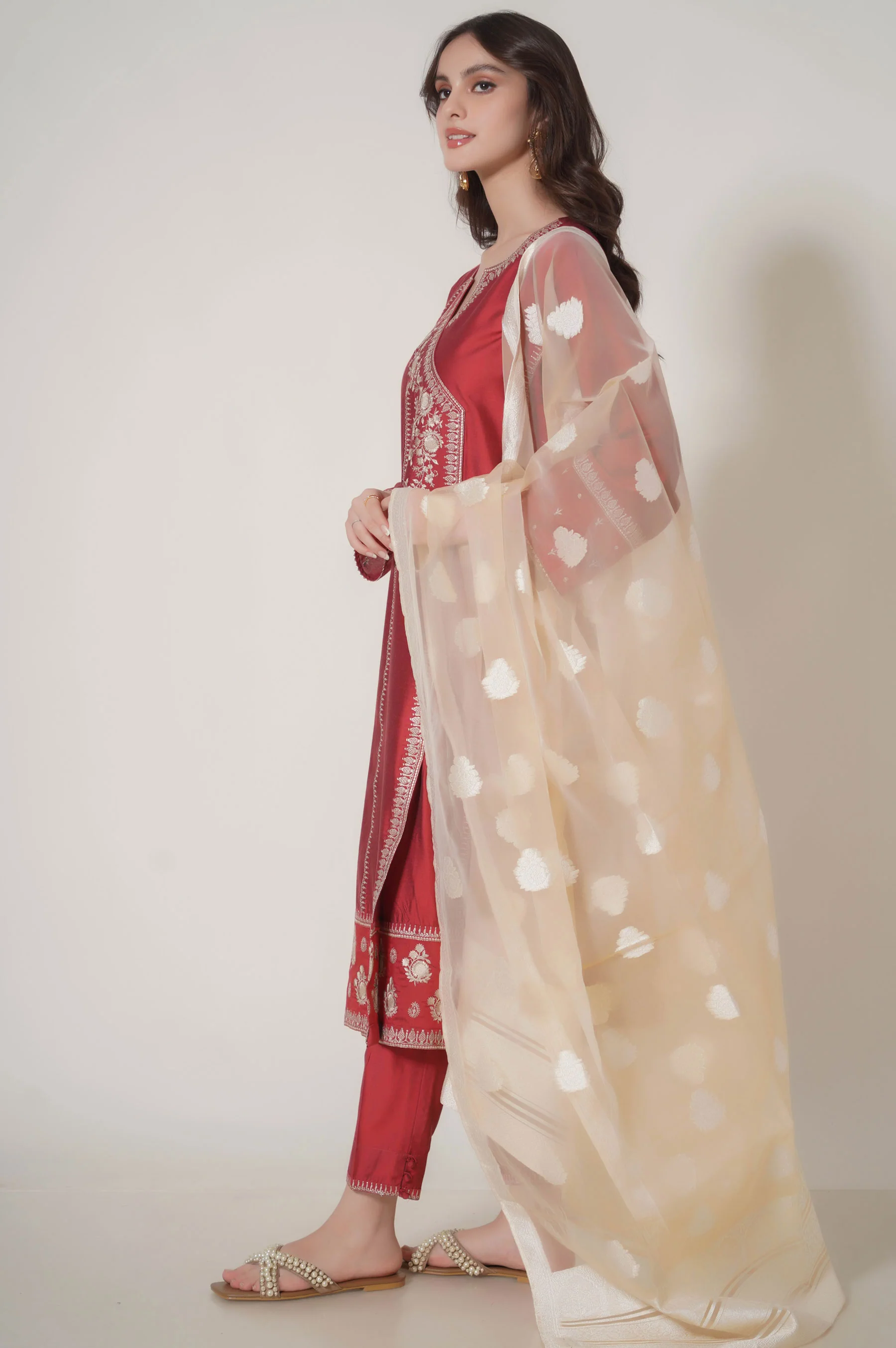 Stitched 3 Piece Embroidered Cotton Silk Suit - Image 6