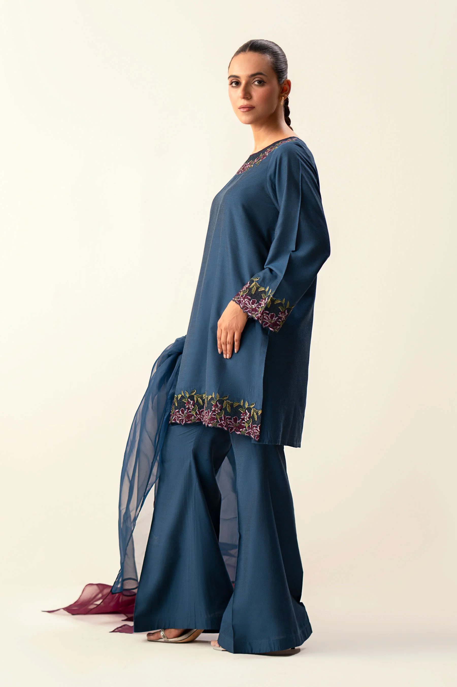 Stitched 3 Piece Embroidered Cotton Silk Suit - Image 2