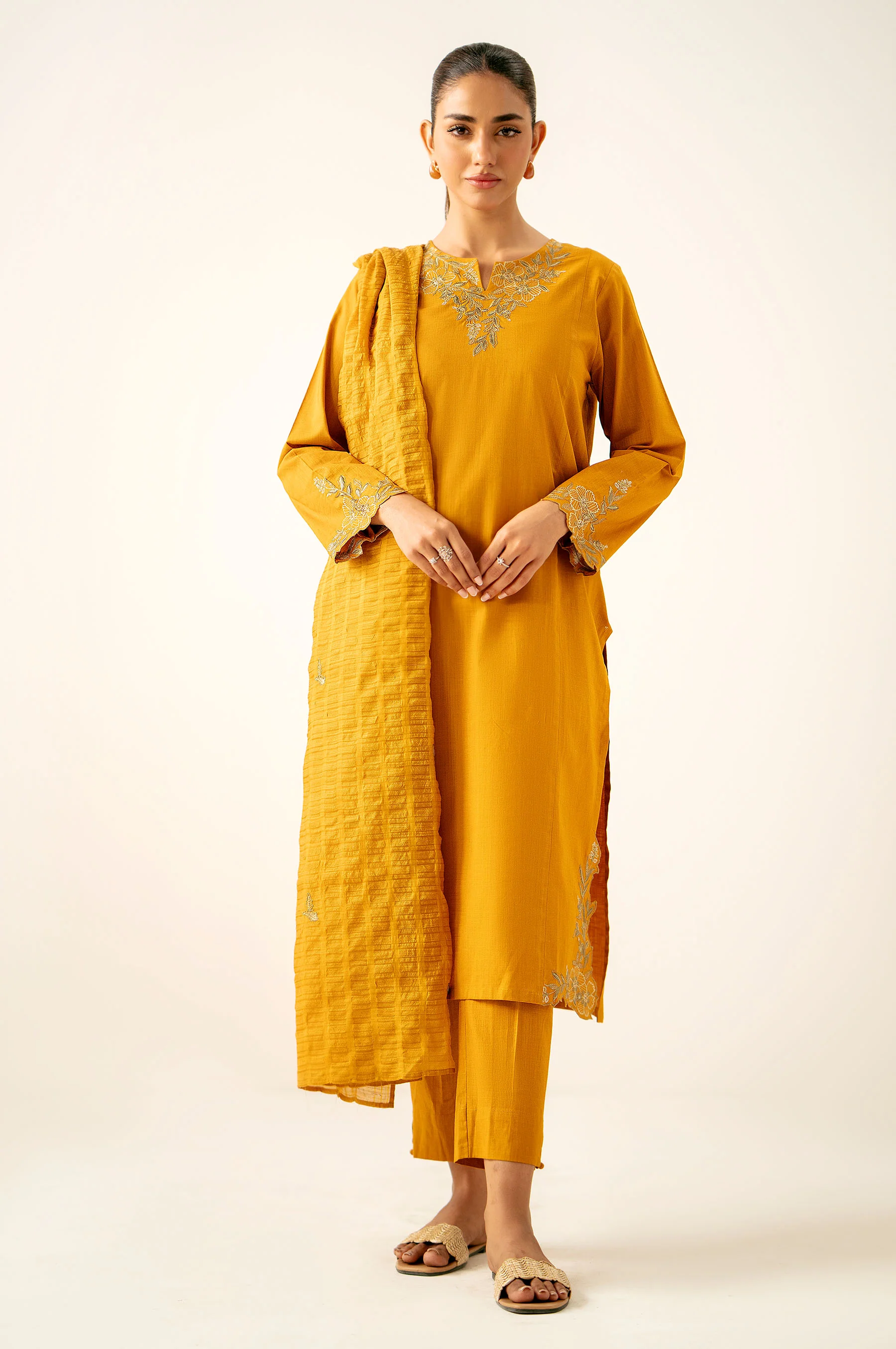 Stitched 3 Piece Embroidered Cotton Slub Suit