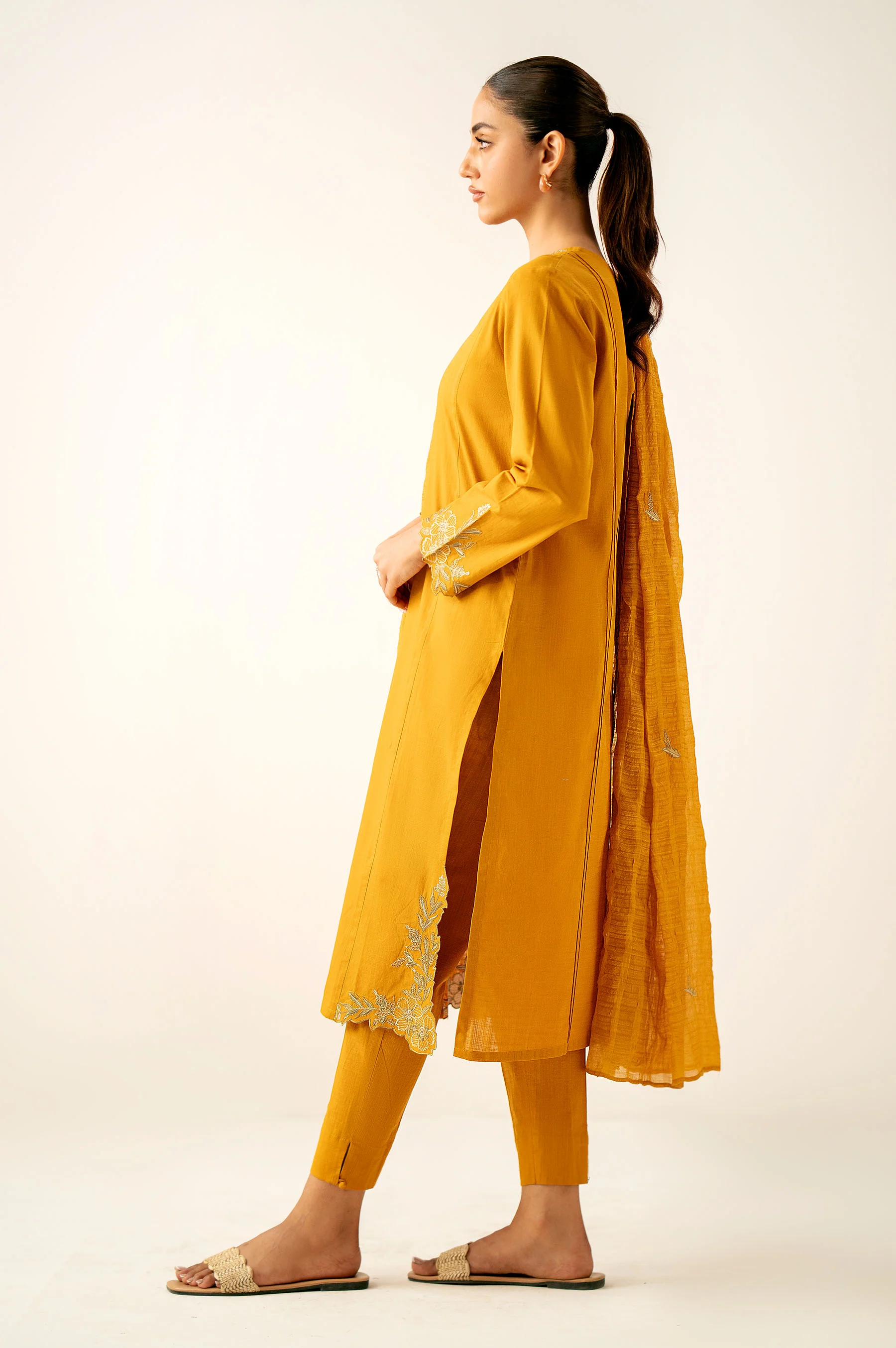 Stitched 3 Piece Embroidered Cotton Slub Suit - Image 2